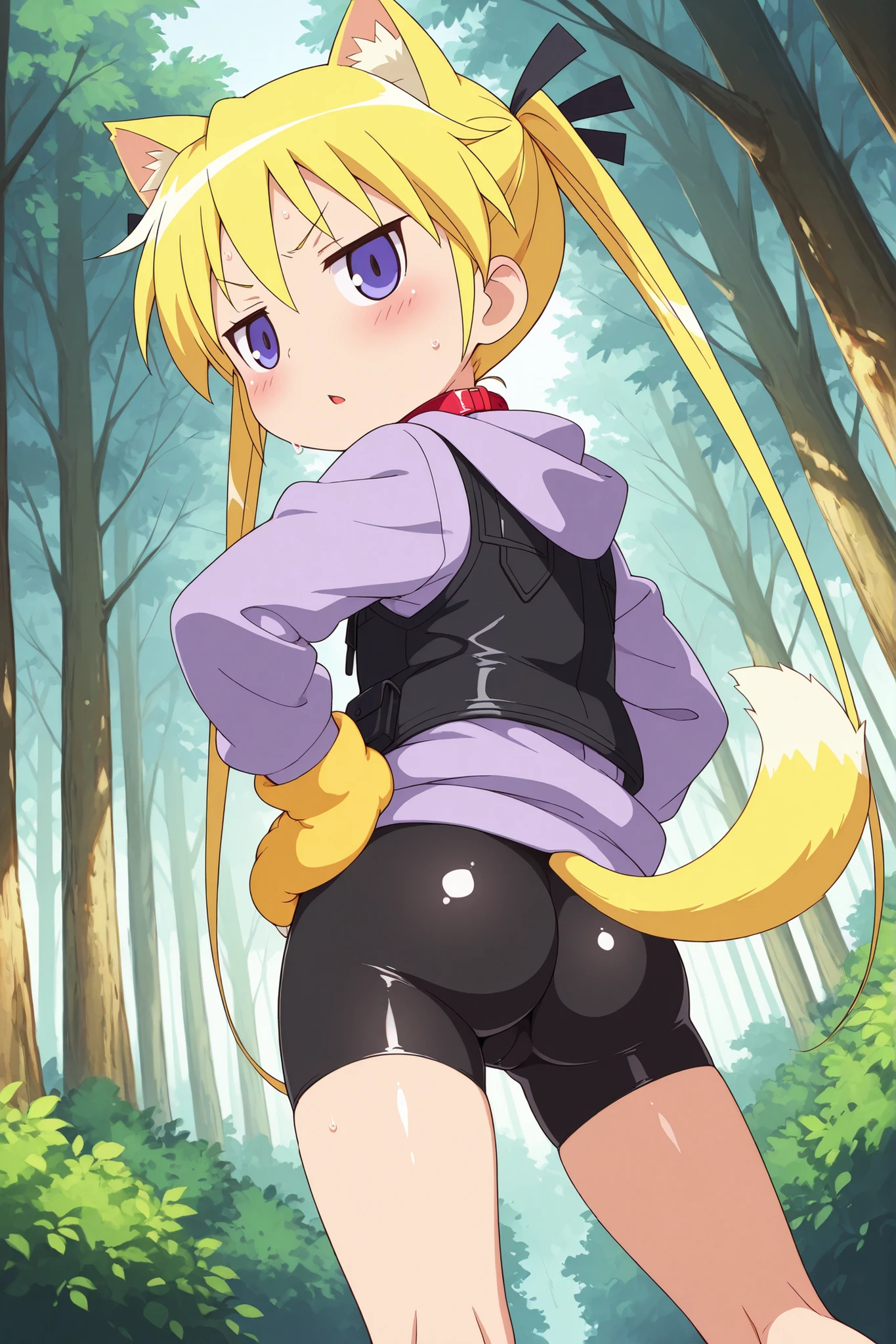 ((anime syale)) ,nsfw, score_9 , score_8_up , score_7_up , masterpiece , best quality , ultra detail , 1girl , (forest) , ((((solo)))) , sonya , yellow twin tails , yellow cat ears , (((yellow dog tail))) , (yellow Dog paw glove with claws) , (Black police vest) , red leather collar , ((ass)) , ((shiny very short bike shorts)) , ((purple hoodie)),(knee),hands on hip, (((contrapposto))),((blush)),sweat,v-shaped eyebrows,jitome,parted lips,dramatic angle,looking at viewers,((elegant)),(low angle),