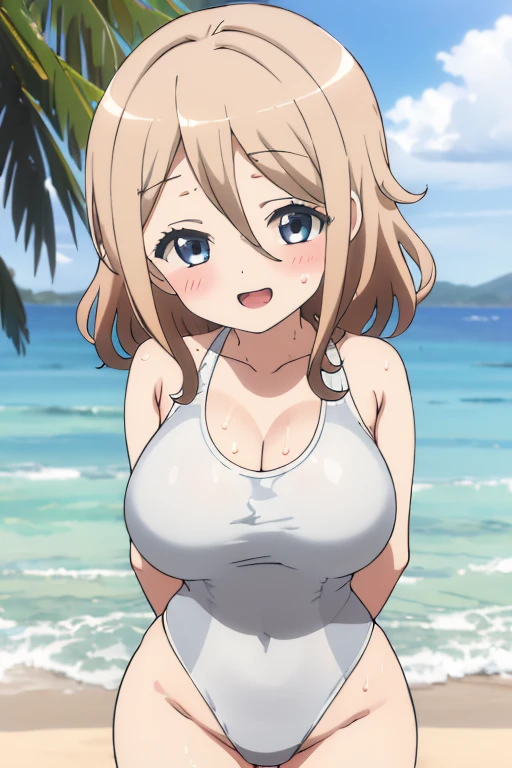 Masterpiece, top quality, super detailed, high detail, 4K, 8K, clearly drawn face, beautiful detailed eyes, super detailed skin, one girl, gentle smile, open mouth, shy, blush, medium Breasts, cleavage, thighs, standing, low angle, hands behind head, beach, leaning back,  from crotch, drenched,AddXL,nonomi-default, nonomi \(blue archive\), green eyes,brown hair,long hair,single hair ring,halo,school swimsuit,