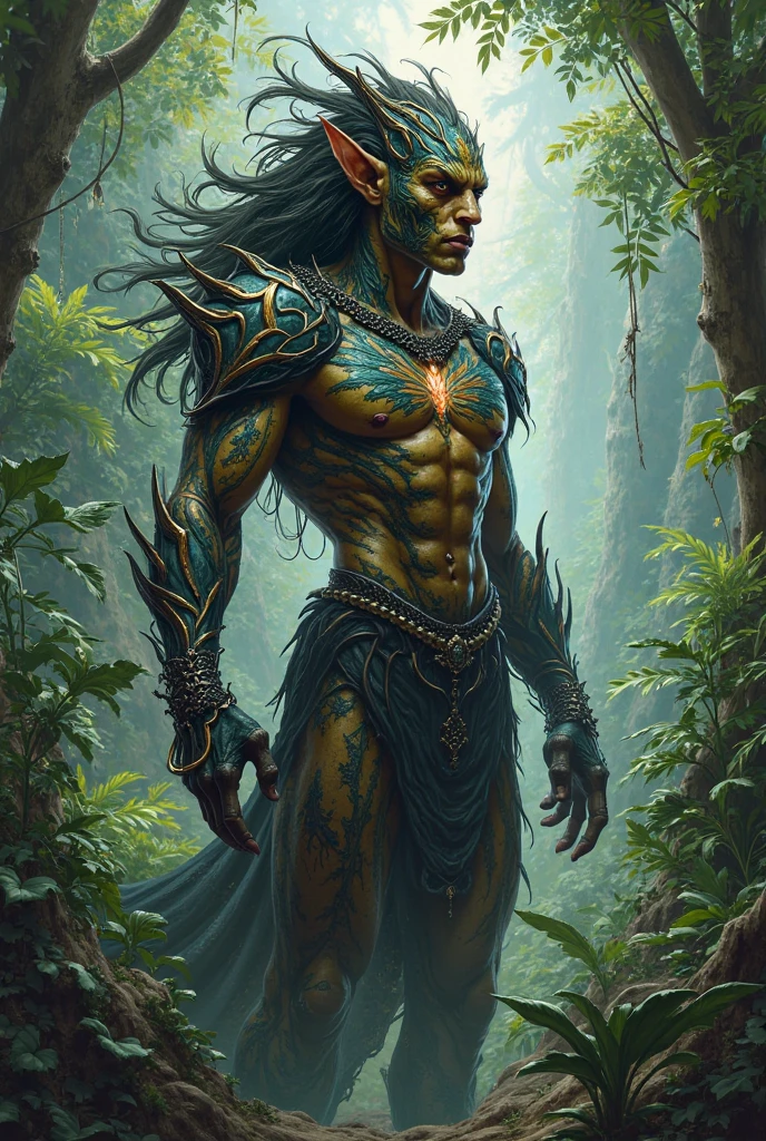 name: Hanami is a male race: Revenant
Classe: Druid of the Circle of Spores Level: 1 General Appearance:

Height: 1,85 meters (approximately 6&#39;1")
Physicist: Hanami has a slender build, but muscular, reflecting both his connection to nature and his resilience as a Revenant. their presence is imposing, with broad shoulders and a posture that conveys restrained strength and absolute control of his surroundings.
Skinned: Your skin is a pale gray tone, almost ethereal, with a texture reminiscent of the surface of ancient tree bark. Dark veins, looking like roots or cracks, run along their arms, neck and face, symbolizing his deep connection with nature and his curse as a Revenant.
eyeballs: His eyes are a deep green, moss-like, glowing faintly like green embers in a shadowy forest. Hanami&#39;s gaze is intense and penetrating, conveying ancient wisdom and silent fury.
hairs: Hanami has long, thick hair., deep black, that fall to the shoulders. Their hair is often intertwined with moss, small wildflowers, and leaves, as if the forest itself was rooted in his head. Her hair sometimes moves as if touched by an invisible breeze..
outfits: He wears a tunic made of natural fibers in shades of green and brown., com padrões que lembram vinhas and leaves. The tunic is fitted to the body, highlighting her muscles, and is adorned with subtle details in old gold that form ancient symbols of nature. over, usa um manto com capuz feito dand leaves e musgo, that seems to blend into the surrounding landscape, making it almost indistinguishable from the forest it walks in.
Accessories: Hanami carries a tall staff, made of twisted wood with vines climbing up it. At the top, an emerald green crystal glows softly, wrapped in roots. around the neck, he wears a necklace of small bones and green stones, a symbol of your connection with the cycle of life and death.