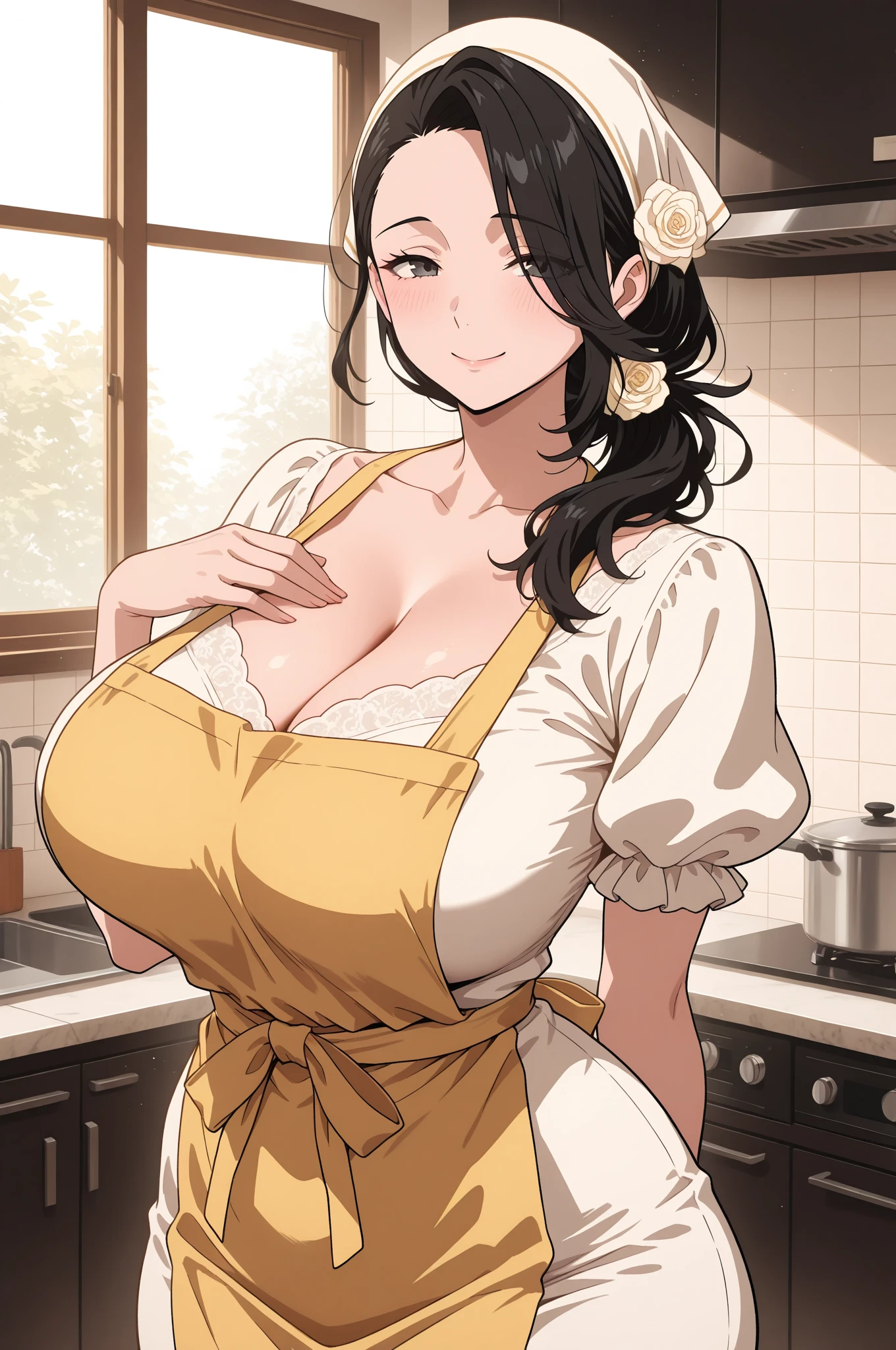 (Mature Woman:1.5), (mother:1.5), Ishtar, Fate Grand Order, (Absurd, 8k, 4K, Tabletop, Extremely detailed:1.2), Highest quality, Perfect Anatomy,Perfect Face, High humidity, (alone:1.2), (Sweaty:1.3), shortness of breath, High humidity, humid, (Black Hair:1.1), Red eyes, Looking into the camera, (Very large breasts:1.5), Light clothing, apron, (kitchen;1.1), (Having a conversation:1.2), (Speech bubble:1.1), A kind smile, relief, peace of mind, mother性, Cooking, have a ladle, pot, pot-au-feu, Gentle look, nsfw