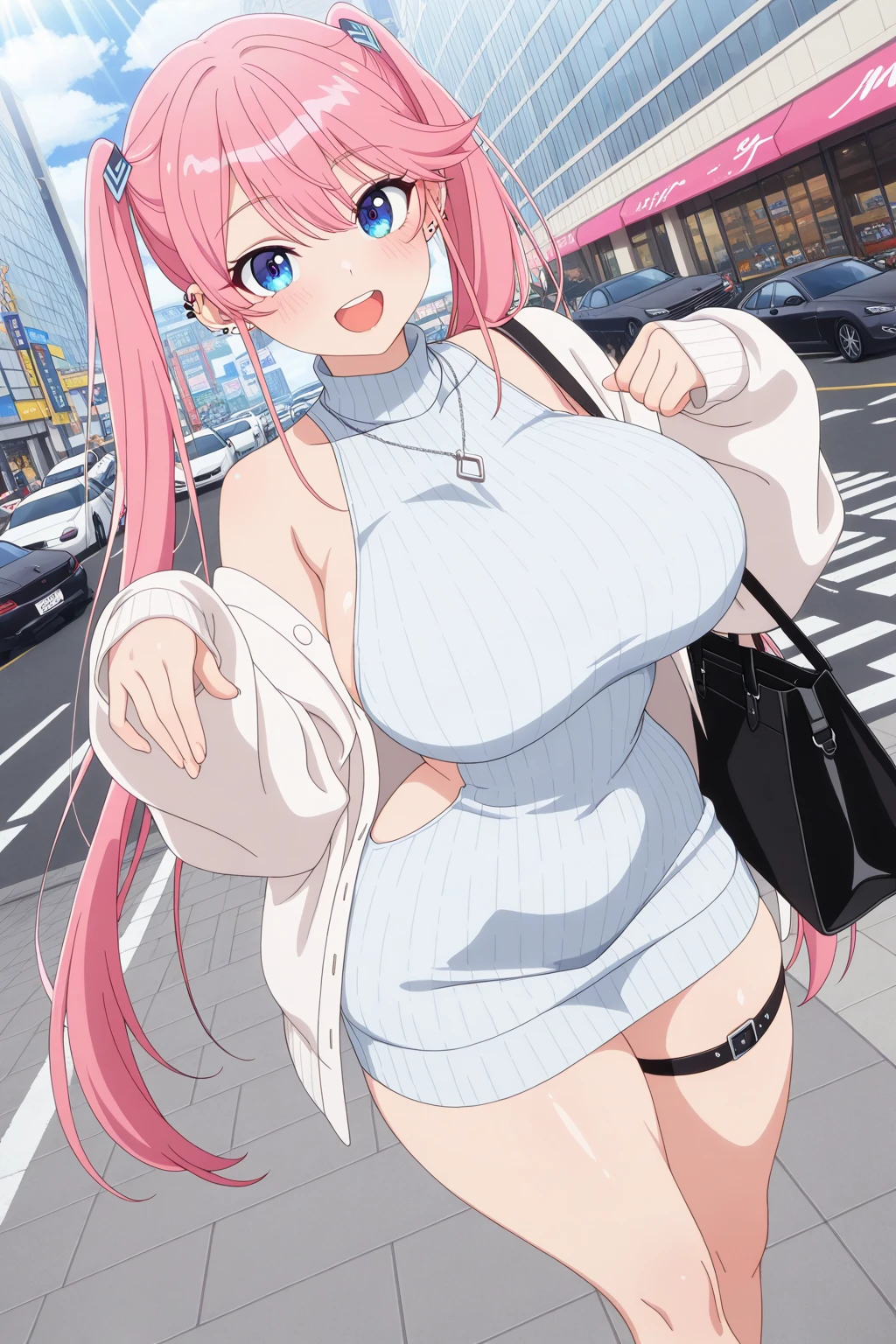 best quality, insanely detailed, nino nakano, breasts, blush, public background, bare-shoulder, a ribbon, stockings, pussy, smile, blue lingerie garterbelt, cheerful eye, nsfw, Taut Underwear
