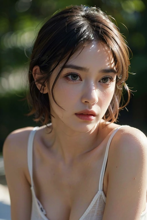 ((Highest quality, 8k, masterpiece :1.3)), Sharp focus :1.2, Beautiful woman with perfect figure :1.4, Slim Abs :1.2, ((Big Breasts, Emphasize cleavage:1.3)), (Photorealistic:1.4), (realistic:1.4), (Short Bob Hair, Light brown hair:1.5), Highly detailed face and skin texture, Fine grain, double eyelid. Makeup face. A sexy Japanese model in revealing pastel green lingerie、Sending seductive glances at a luxurious spa、She is posing sensual and rocking emerald earrings.。:1.3)