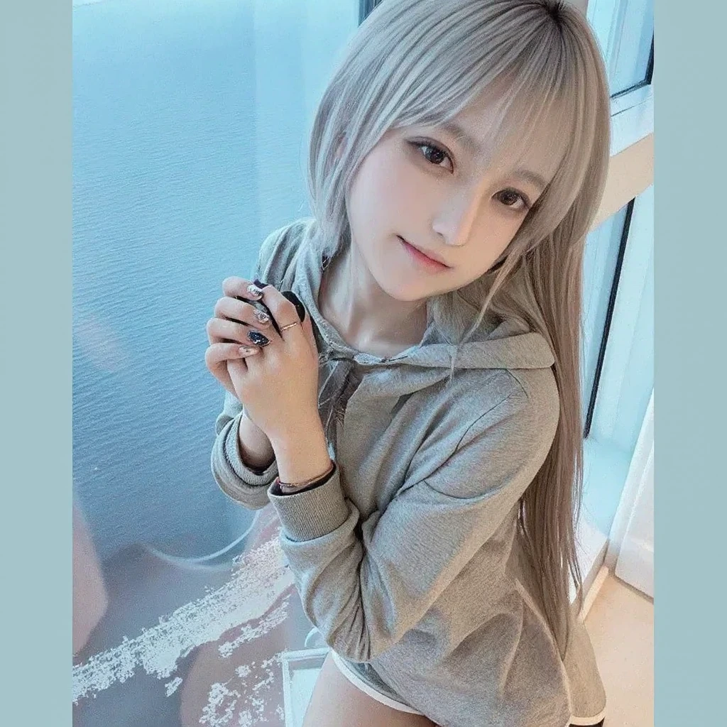 (dynamicposes:1.4)、 (dynamic ungle:1.4)、hyper detailed background、(inside in room:1.2)、((top-quality、8K、masterpiece:1.3))、1girl in、A smile、full body Esbian、Slim Faces、Pretty women、(Silvery hair:1.1)、hyperdetailed face、A detailed eye、二重まぶた、blured background、Slim Faces、Cute、extremely delicate and beautiful、A mischievous grinning face、Overall、ultra-detailliert、4K、masutepiece、small mouth、(Hooded trainer:1.2)、hime-cut、Small smiling mouth、a small face、