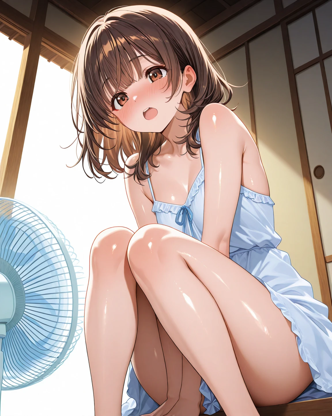 Cute Girls, Lifting the apron,  Spread your legs and show your panties, Purple panties, Show off smooth armpits, Sweaty body, ponytail, Brown Hair, Embarrassed look, light Purple panties, Detailed panties, In front of the classroom, Semen-covered body, Wet body, Cover your face , Unbuttoned shirt, Small cleavage 