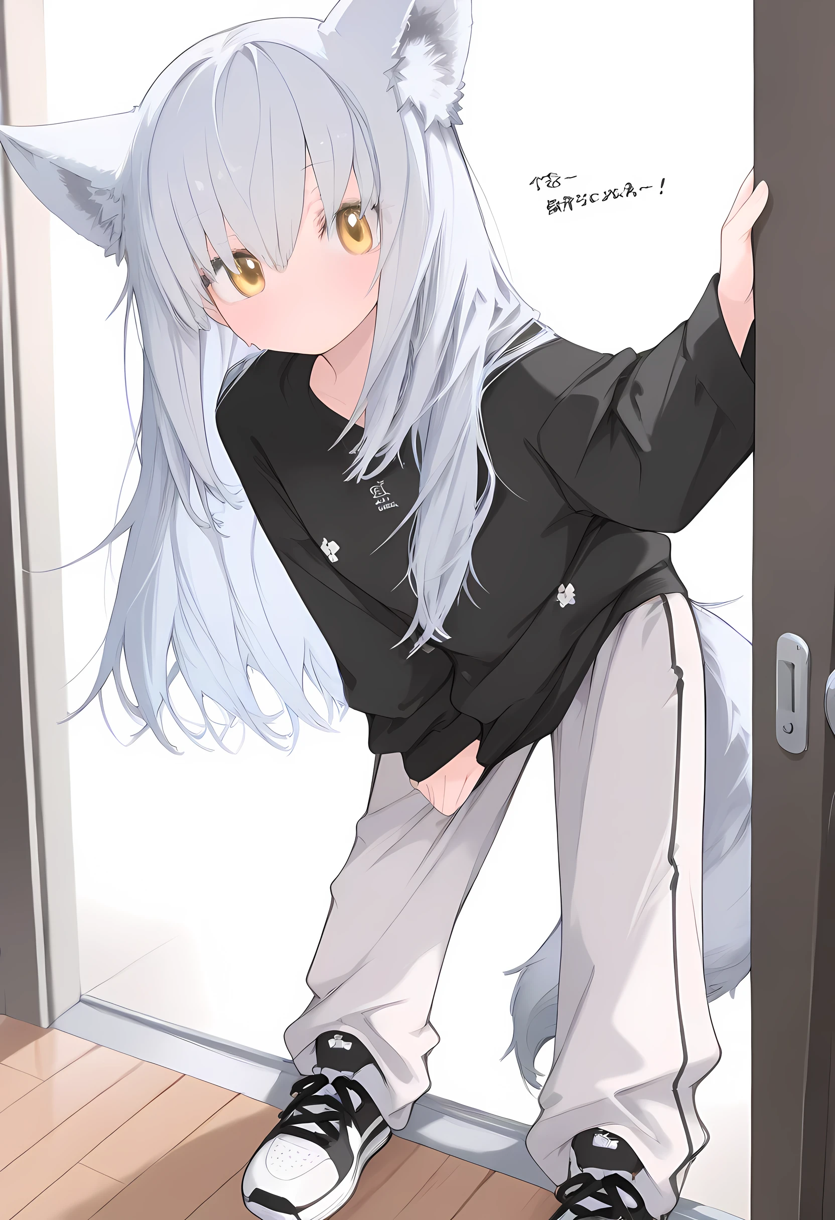 personagem. My name is Kael Lumino. She's 17 years old and I'm a boy. He has white hair and some black spots and my hair covers one of my eyes and no one can see him. My eyes are golden and shiny, my size is 1,63, sou fofo e lindo. My dress is a black jersey that doesn't cover my shoulders with long sleeves and plain white pants that go a little over my knee and my sneakers and white with a little bit of black. And I have black-and-white wolf dark circles and a black-and-white wolf tail. *Corpo de homem* Senário Mundo de Isekai* *standing position* *personagem sozinho* Without a senary*