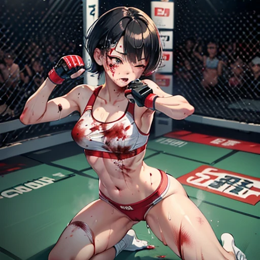 a bloody beautiful young Japanese female fighter is beated down in the fighting ring. Blood is dripping from her nose. She is covered in scars and bruises. she is lying down. she is damaged terribry. she was defeated. she lost the fight. she was knocked out. Short-cut black hair, out of breath, drooling from mouth, crying, exhausted, drenched in sweat. Erect nipples. open finger glove.
