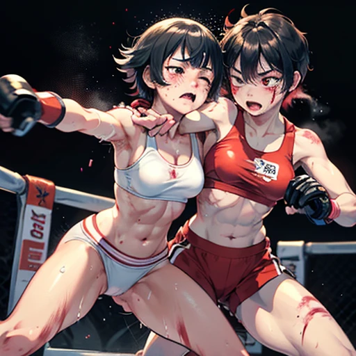 full body. Two injured Japanese female high school mixed martial artists fighting in the ring。Short black hair。Glaring at someone。They are pushing opponent's face by fist so hard  each other violently. Drooling from the mouth。One eye closed。Serious expression。A fighting expression。Drenched in sweat。A well-trained body。Six Pack Abs。Small breasts。Erect nipples。Upper body naked。Open Finger Gloves。shortness of breath。knee high sox. arm cover