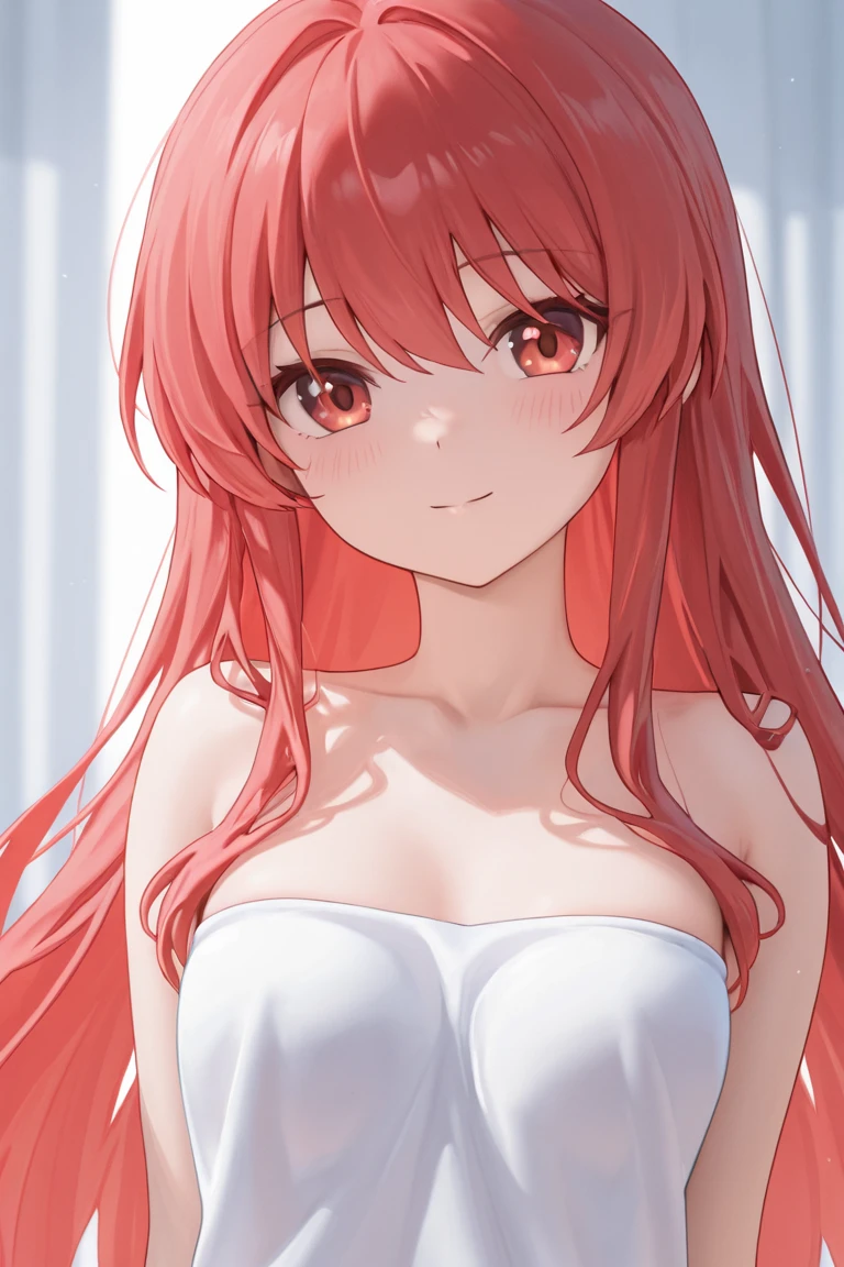 masterpiece, best quality, movie still, 1girl solo, female focus, looking at viewer, smiling, upper body, depth of field, (watercolor illustration, soft pastel colors:1.1), realistic, red hair, white eyes, naked, perky  breasts