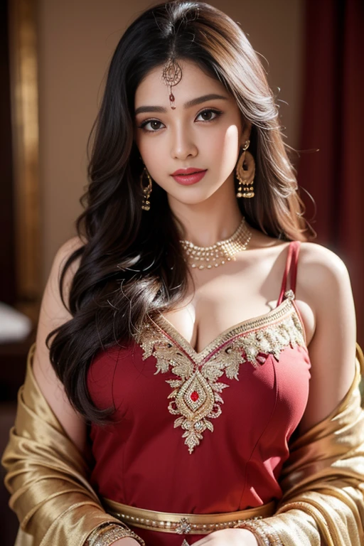 （8K分辨率，full body shot），（alone ，20yr old，（Facial features of Thai Min：1.8，Thin skeletal cheeks，s delicate face），com rosto detalhado，Lovely face，com rosto detalhado，详细的脸，Ultra-fine makeup，Black colored eyes，（looking to the camera），Long dark red hair，（Messy hair layers），Redlip，Fair smooth skin，（Best Skin Type：1.21），big breasts，（（Ancient indian women's clothing，Delicate shawl straps，Luxury ladies' tube dresses），A small number of flower hairpins，Luxury necklaces and bracelets），Tall and tall，perfect hand，Ultra-fine clothing material），（party，banquet，tropical trees，Exquisite environmental details），（exhilarated，confident smile，Rejoice，intimacy），（profesional lighting，动态照明），（（Strong color contrast，Noble and sexy，elegant（golden colored，red colour，In pink））），（Golden section，Dynamic shots，Hasselblad photograp，tmasterpiece：1.3），（Noble temperament，mistic，Fashionab，trendsetting，Artis，Art platform）