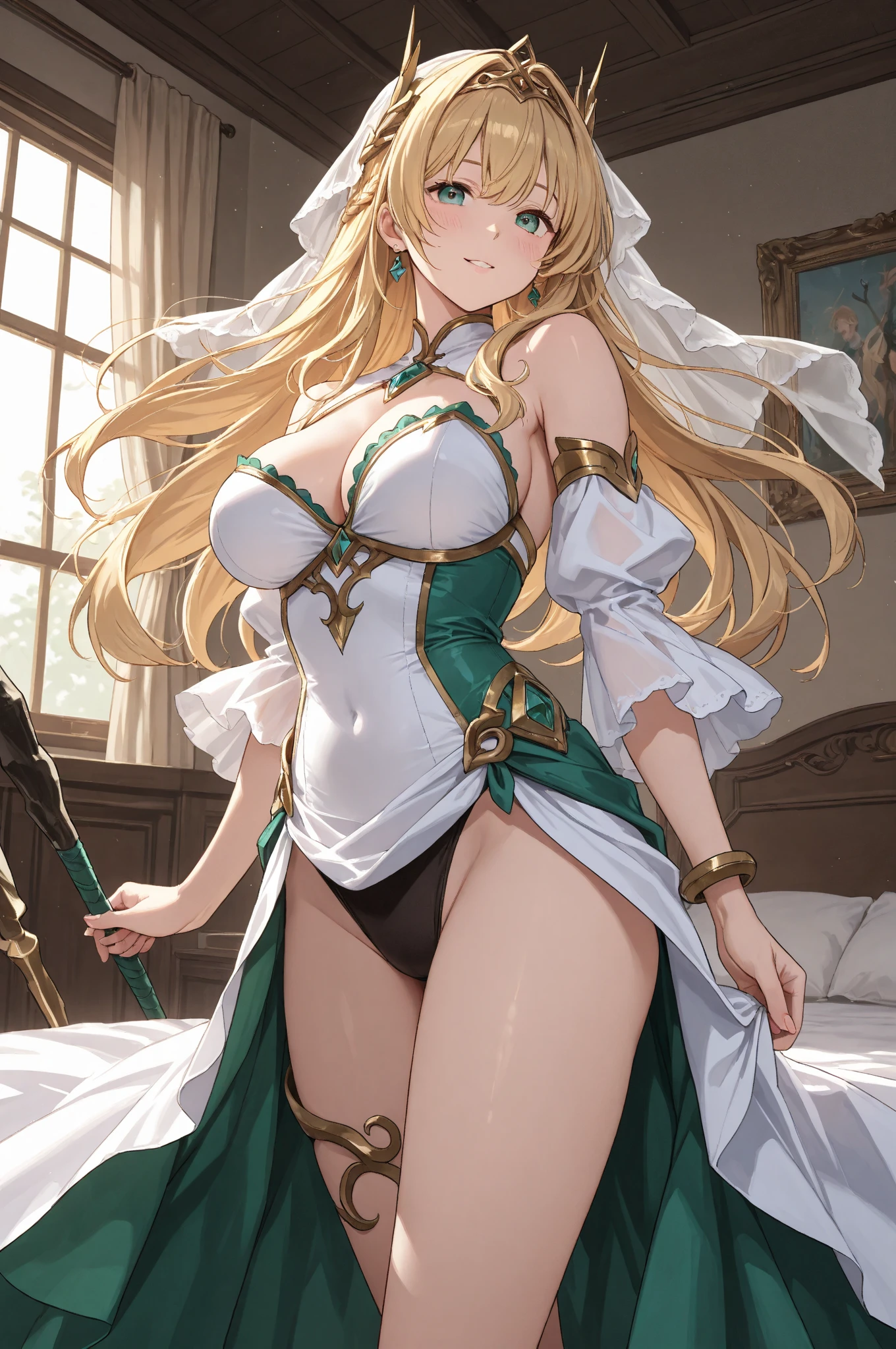 ((masterpiece)), ((Ultra quality)), ((super detailed)), ((high resolution)) ,((8k)), a beautiful woman, ((She is one of the most famous female Priest)), unparalleled beauty, ((large breast:1.6)), ((large ass)), ((deep cleavage)), slim waist, chest out, ultra detailed face, perfect skin, (((long blonde straight hair))), ((Green eyes)), detailed eyes, whole body image, (((anime))), ((glamorous)), ((Age 28)), ((incredibly beautiful woman)), ((The H cup bust:1.6)), ((((See-through negligee, underwear)))), ((beautiful breasts)), beautiful legs, 8 life size, anime, ((charm)), ((Grown-up face)), ((Perfect fingers)), ((Bewitching)), ((((Up close)))), ((((A reassuring smile)))), ((Sexually attractive)), ((Secret Room, Late-night secret meeting)),