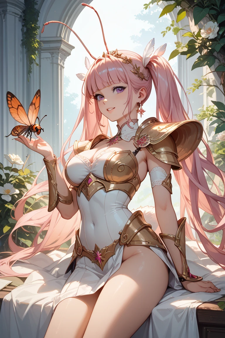 ​masterpiece, 8k, ultra detailed, 1girl ((20year old, dressed in a tight Olympian goddess outfit, tight white top, gold high heel boots, medium breasts, multicolor pink hair, twin ponytails:1.1, perfect model body, green eyes:1.5, flirting, happy, big smile, cosplay as the Greek Goddess Athena:1.3, Mount Olympus in the background, exotic and exciting atmosphere:1.2)) ((solo:1.6))