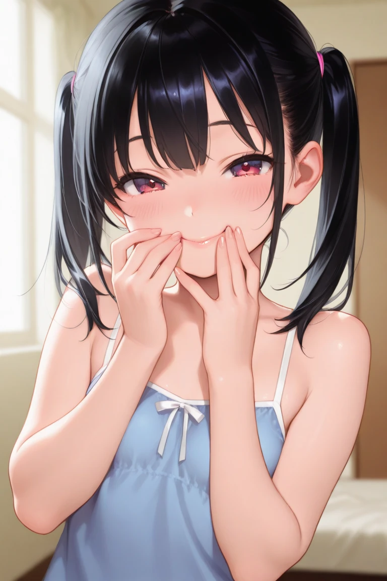 ((masterpiece,best quality)), high resolution, ultra detailed,8k,16k,detailed background, perfect lighting,detailed beautiful eyes, 1girl,solo,,embarrassed,blush,steam,breath,look at viewer,saliva trail,half-closed eyes,(happy smile:1.2),(oral,screaming,show mouth:1.3),, eyes,face focus,from front,(from above:1.4),chin up,kneeling,be breathless,sweat,fisheye lens,stick out,portrait,deep blue hair,blue eyes,dawn \(pokemon\),short stature,pale skin,small ,house,(flat anime style),white shirt,red scarf,pink skirt,bangs in white beanie,hair ornament,long hair,forest