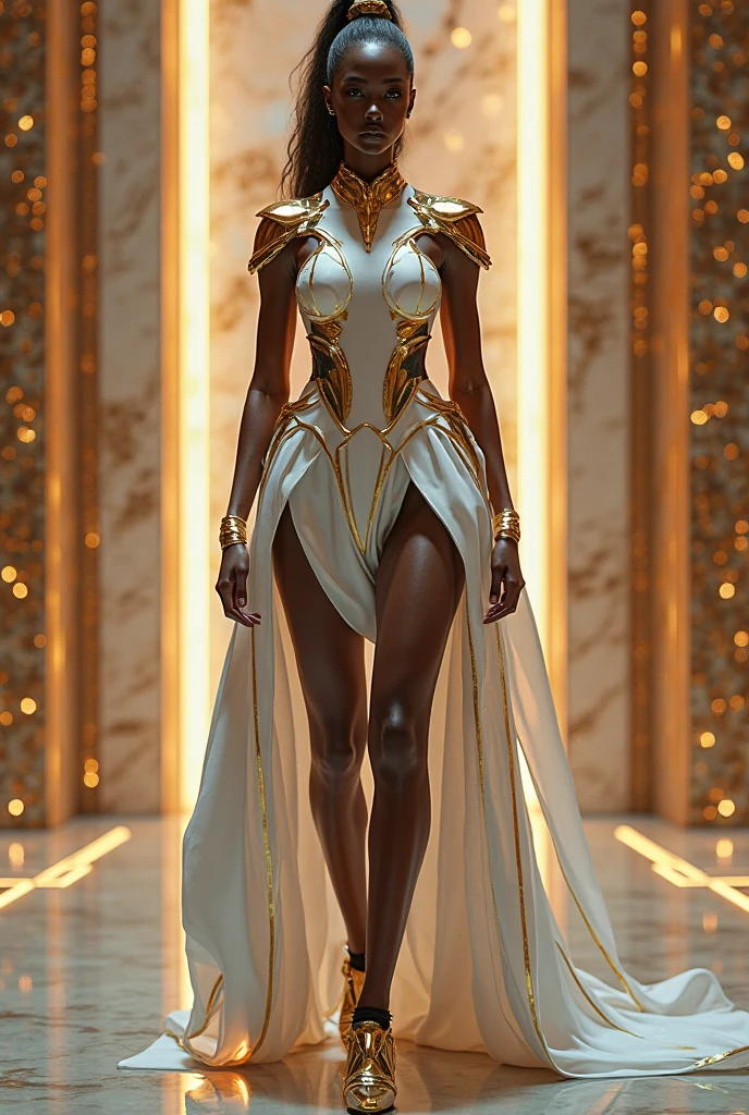 (Character: one Brazilian woman, 20 years old,, dark skin, black skin, smile, black hair, mega hair, dreadlocks:1.3, tall)
(Clothing:  white elegant short dress, golden jewels, golden collars, golden high heels)
(Pose: full body shot:1.7, dynamic pose, perfect proportions, detailed face)
(simple background)