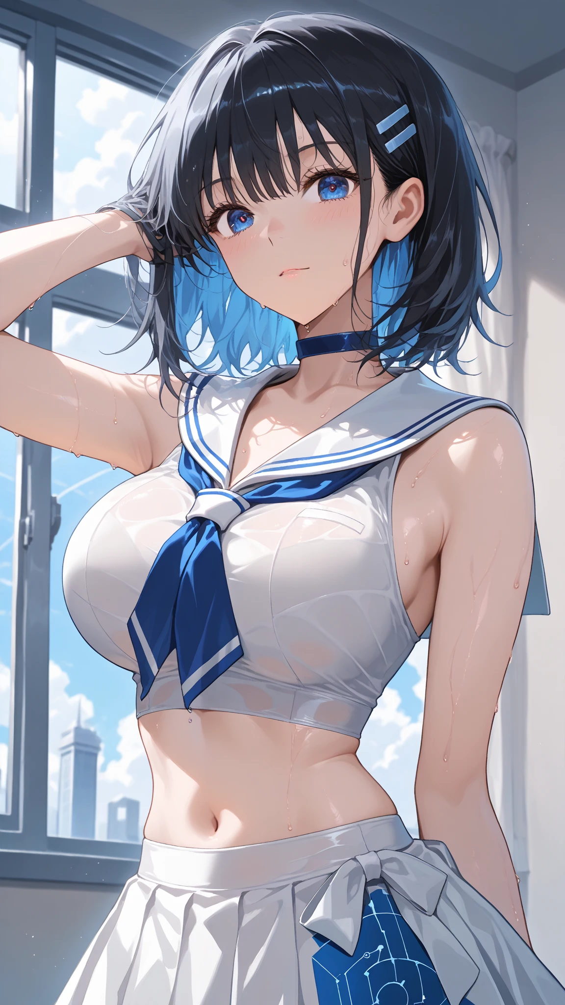Striped, undressed Sailor Mercury covered in translucent slime and sweat