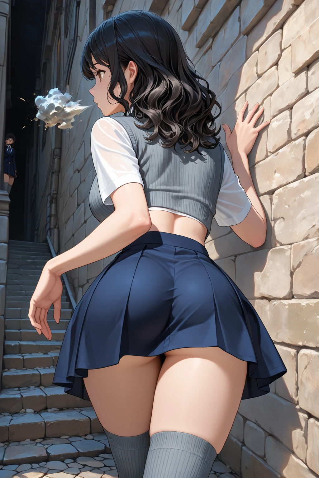 (Photorealistic:1.8, highest quality:1.8,8K masterpiece:1.8,High resolution,Mastepiece:1.8,RAW Photos,Cinematic lighting),No split screen、Mountain、shrine、Woman climbing a long staircase、cameltoe、Back view、Angle from below、Buttocks up、
(Real skin texture:1.3)、(Random hairstyle)、Woman's Costume（choker、Braless shirt、No panties mini skirt）、Crotch close-up、Spread the genitals、((Perfect female body))、
(Beautiful expression、A rich expression、smile:1.4)、Beautiful plump nipples、Beautiful genitals、Beautiful anal、Plump、Spread your pussy and show it to me、Up、Random Pause、
Beautiful Face、Beautiful Eyes、Esbian all over、(Random Sexy Poses:1.3、thrust one&#39;s hips upward、Stick your hips out to the camera:2.3)、cameltoe、(Immersive atmosphere、Chiaroscuro:1.5、Bright light:1.2、Bright lighting)、Realistic:1.3、Long Shot、The woman is naked、woman is nude、Adult video shoot