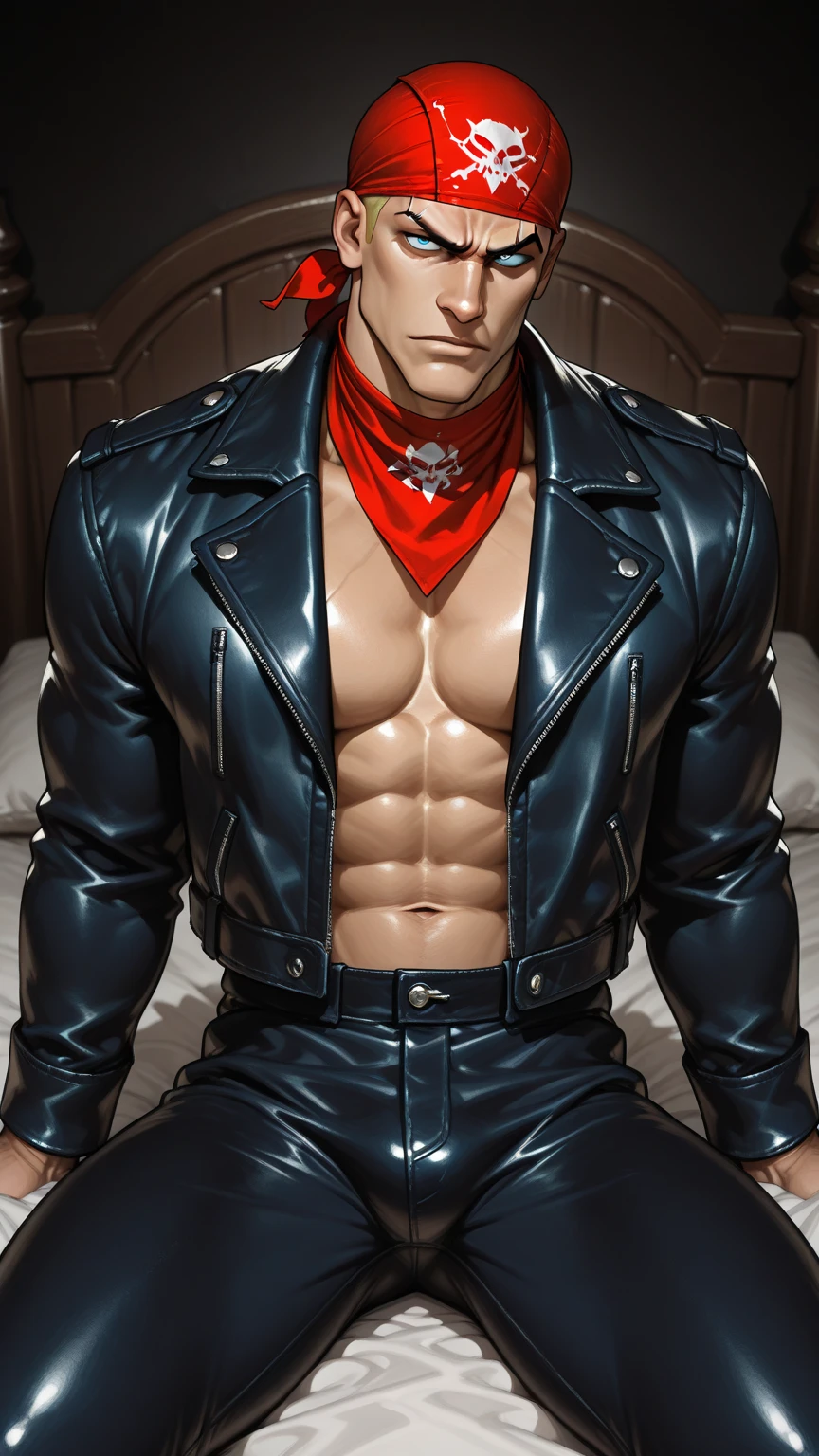 (((Back))) A teen Bakugo Katsuki, (Young face) 15 year old teenager (15 years old) very attractive boy, standing, full body. Mexican ethnicity. tanned skin, ash blonde hair, short hair bangs that fall on both sides of his youthful face. carefree expression, young man, alone, marked muscles, beautiful musculature, aesthetic stretch marks, inspiring physique, slender muscles, square pecs, beautiful V-cone, excellent abs and torso, chiseled abs, pectorals chiseled, perfect massive muscles, inflated muscles, voluminous pectorals, massive muscular body, a huge gigantic chest with a narrow waist, huge shoulders, ridiculously well-shaped large pecs, eight chiseled abs, (very toned and huge) with his military haircut and voluminous neck, narrow waist, red eyes, young face, beautiful, young. Bakugo Katsuki, Teen muscular young bodybuilder with extraordinary and firm back, chiseled muscles, rhomboid muscles, latissimus dorsi. Gigachad. He wears a red leather jacket (RED JACKET) that reaches the height of his ribs and is open. Ash blonde hair. (Bare torso) and tight latex thong. big bulging crotch. He is shirtless under his red jacket, which highlights his prominent abs and pectorals. His muscles stand out. Ruins of greek temple background. Standing, full body. (((Back))) huge, firm and muscular thighs, round buttocks and round butt with back, huge ass ((firm buttocks)) with big butt. (((black latex thong))) (((Exposed muscular torso. Open red jacket.))) Bakugo Katsuki. Ash blonde hair.