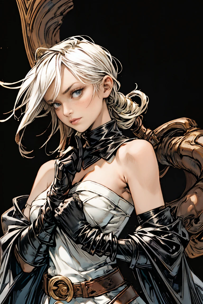 A muscular 35-year-old warrior woman, almost naked in the style of Simon Bisley and with white hair with (((black locks))) and one ((((tiny white lingerie))) made of very hairy sheepskin, cover of Heavy Metal magazine, ((((woman)))