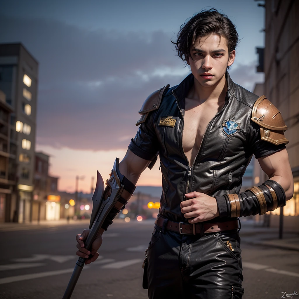 Height: 5'8"Build: Lean and muscularHair: Midnight blue, short and spiky with a longer fringe that falls over the left eyeEyes: Sharp amber eyes that glow faintly in the darkSkin: Fair with a few visible scars from battlesClothing: Standard Demon Slayer Corps uniform with a custom haori that has a pattern of stars and constellations on a black backgroundMarkings: A unique birthmark shaped like a crescent moon on his right shoulder.