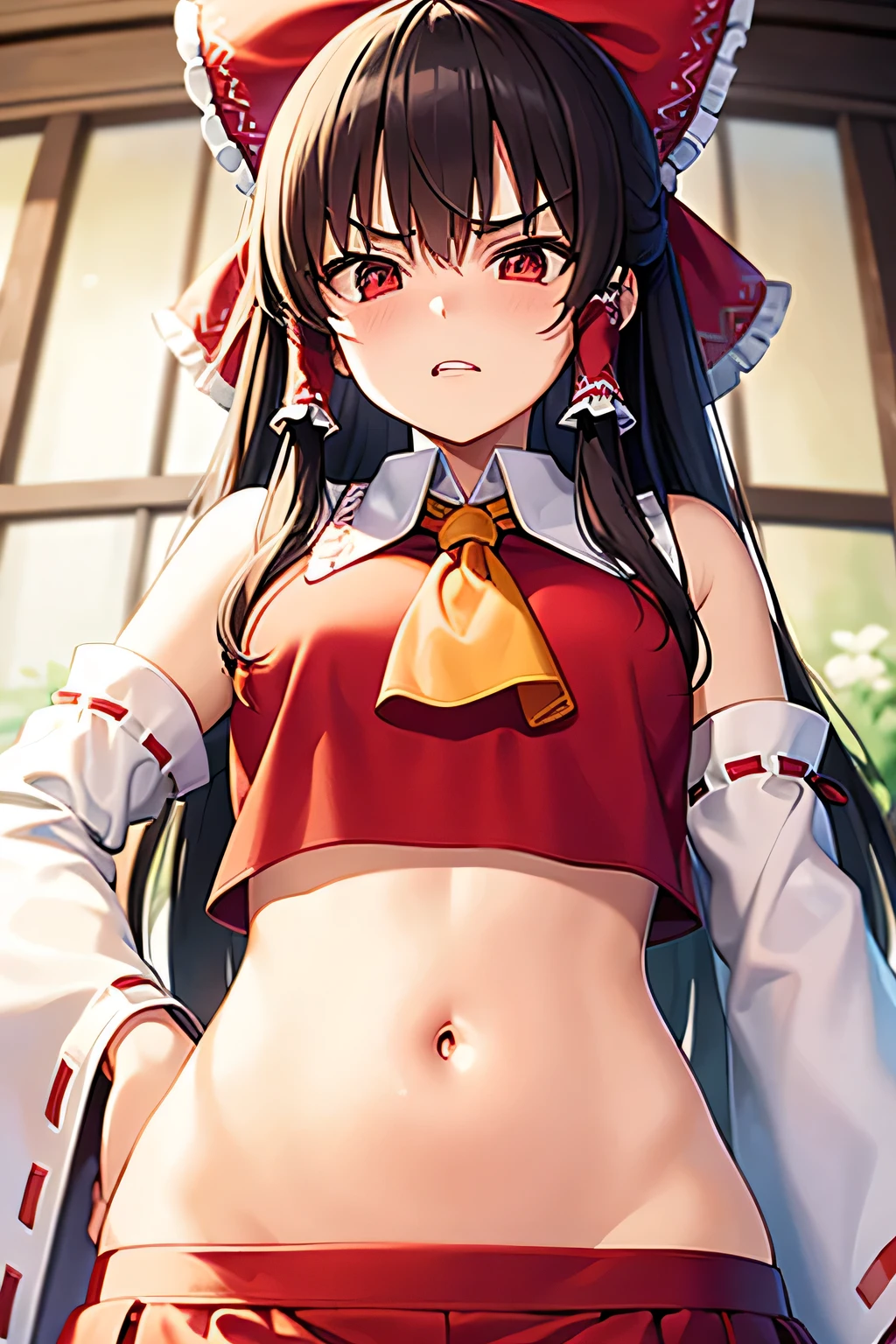 Reimu, Within the shrine grounds, Straddling a man's lower abdomen, Inserting the penis into the vaginal opening, Sperm drips from the vaginal opening, Small breasts, Spread your legs, naked, Removable sleeves, skirt, Open your mouth, Angry face