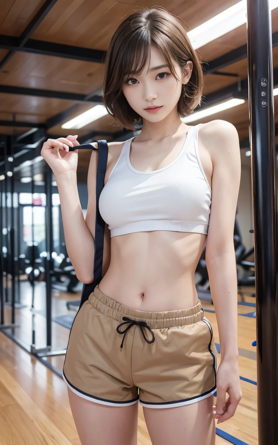 ((top-quality, masterpiece, extremely Realistic)), 1girl in, Facing the front, light brown hair, Short bob hair, dark blue sports bra, in 8K, 85 mm, Raw photo, Bokeh background, fitness gym, treadmill, barbell,nude,show tits,big breasts