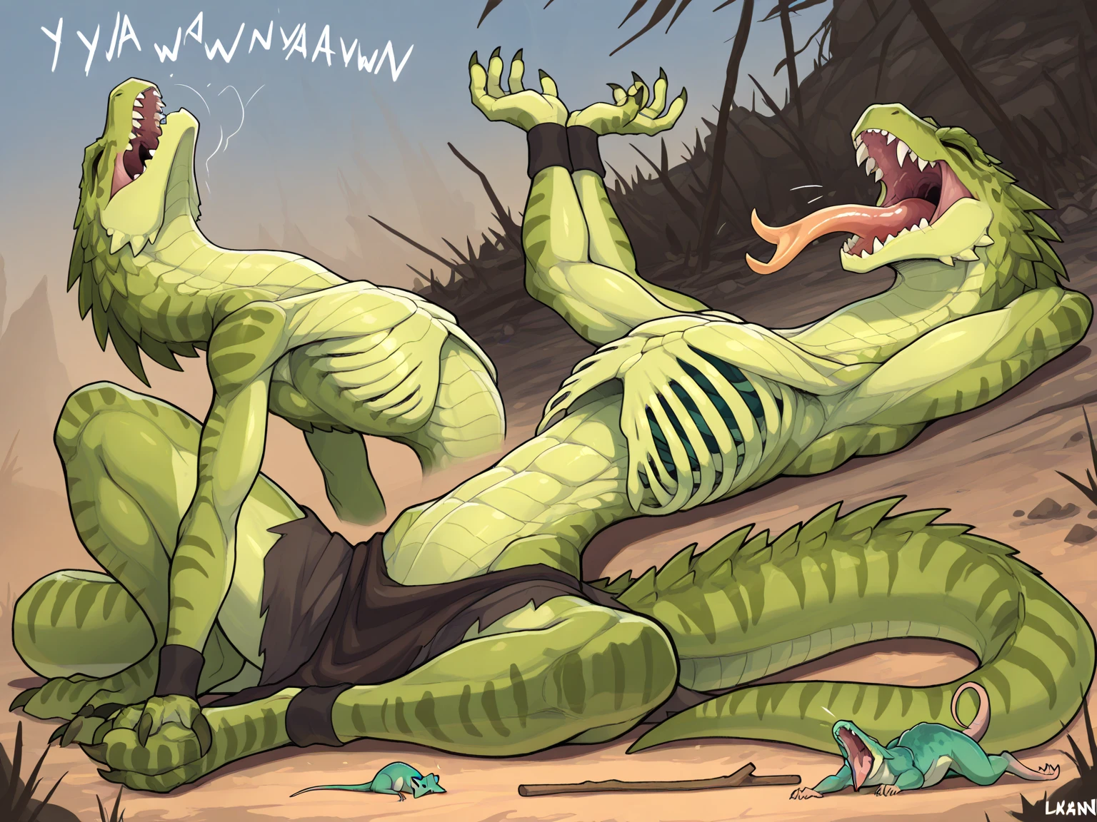 A male yellow muscle Lizardmen on grass , sleeping, a very close view of butt and back , textured , happy face