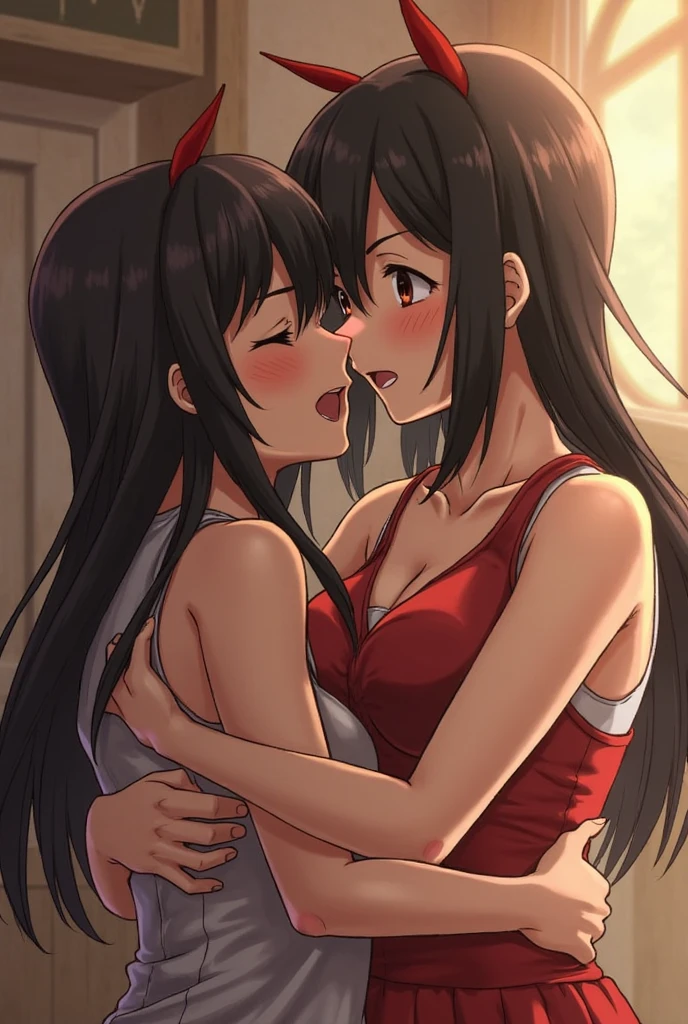 shinkai makoto, Kimi No Na Wa., 1 boy, Shaved head, , Boys are behind girls, Touching the chest, Rubbing breasts from behind, grab, grabbing chest,chestgrab behind back, Remove your bra, Hold the bra, Embrace, Embrace, Kiss on the neck, One girl, Black Hair, Waterfall knitting, Red ribbon, Long Hair, Brown eyes, blue star necklace, Light Cardigan Pink, Open shirt, Yellow shirt Open shift, belly button, cute, Open your mouth, whole body, Long sleeve, Cowboy Shot, masterpiece, On a date, Blushing, Bedroom, night, Sit on the bed , Shaved head,Topless,Nipples are erect,Armpit sweat,Shyness,clear,High exposure,Having my armpits licked,His arms are tied and he is hanging from a rope、A beautiful adult woman with long hair、Underhair grows