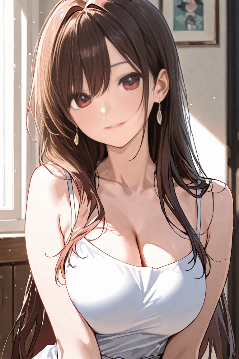 , 1girl, masterpiece, long hair, ponytail, medium breasts, anime, , anime screencap, indoors, long bangs, hair ornament, white shirt, black pantyhose, black skirt, red eyes, dark brown hair, thighs, intricate shirt, standing, multiple views, low, pantyshot, white panties, panties under pantyhose
