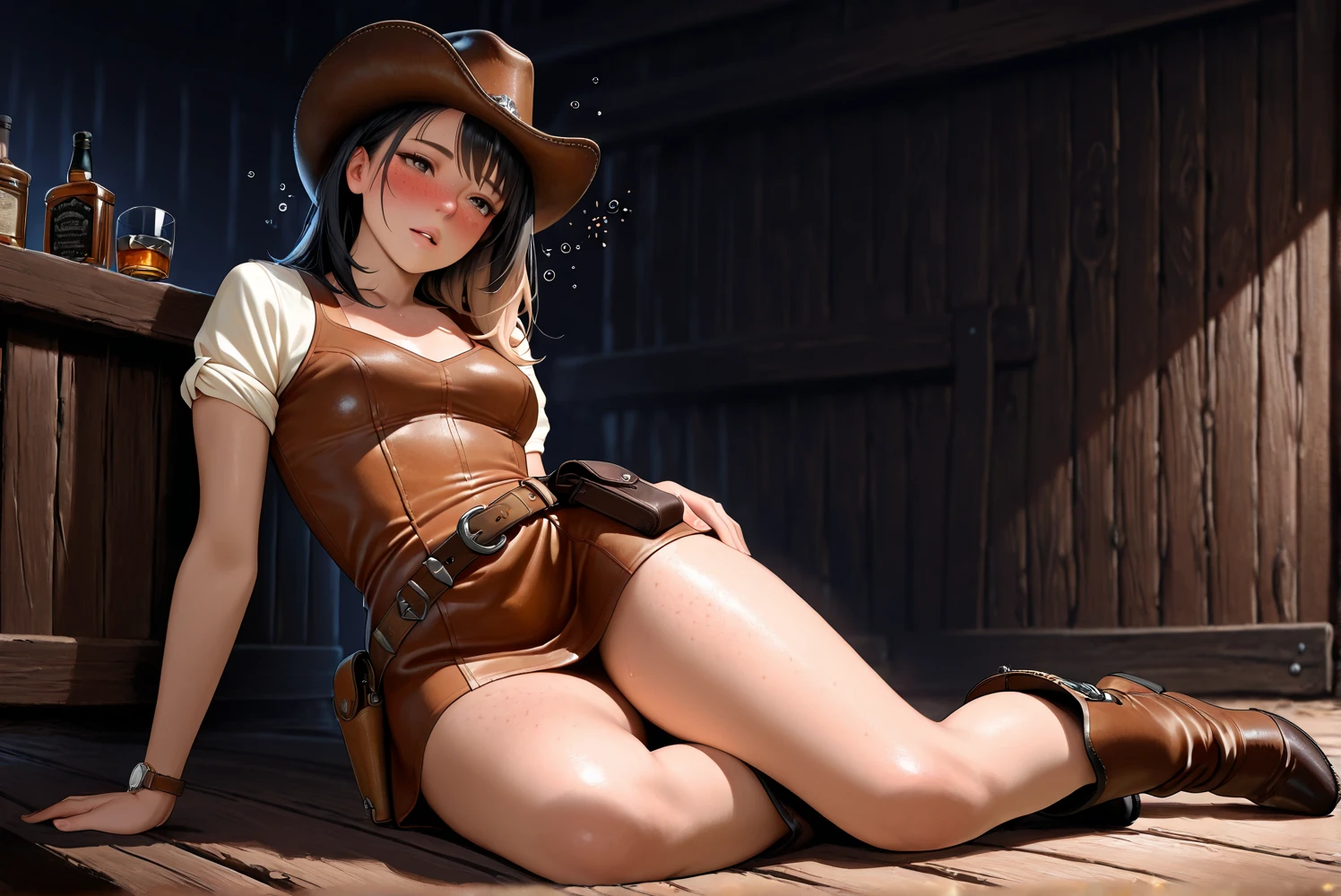Naked Beauty,Western Cowgirl,Western belt with holster,Western Boots,Watch on wrist,Drunk,Hiccups,Above the knee shot、Masturbate、Standing in front of a white wall,Standing shot from the front,（Low - Angle）,night,indoor、Ultra high definition、16K