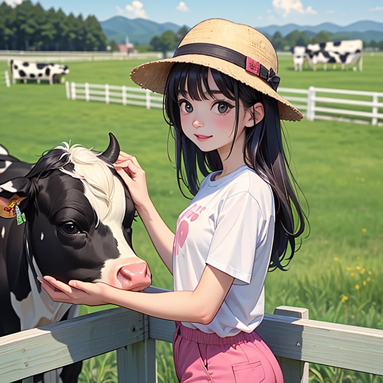 a semi-human cow girl, the spots on her ears and tail are pink instead of black. Long, black and straight hair, with bangs, light skin, slightly slanted dark brown eyes, round and cute face, big tits, thick thighs, slightly rosy cheeks. She´s wearing a white tank top with a pink heart design and tiny shorts, sitting on her knees on the grass in a farm