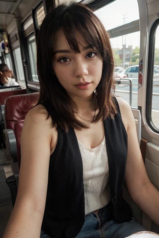 (Girl sitting on a seat on a Japanese train:1.2、Sit in a chair on the train、face to face、Sit with your legs apart、Spread your legs:1.2)、((Mine system、Blouses with ruffles、(black flared skirt:1.2)、Knee-high socks、sneakers、Detailed white panties are visible)、(Realistic、Like a photograph、Live Action、8k, Realistic, RAW Photos, Best image quality: 1.4), Single-lens reflex camera、RAW Photos, Highest quality, Realistic, Highly detailed CG Unity 8k wallpaper, Written boundary depth, Cinematic Light, Lens flare, Ray Tracing, Realistic background、((Ultra-Dense Skin))、16-year-old girl,Cute Japanese Girl、(whole body:1.5)、Very detailedな顔，avert your eyes:1.1、(Long Hair:1.2)、I like that style、stylish、Very detailed、Pay attention to the details、Perfect outfit、(Sunburned skin)、Front view、Accurate hands、Accurate legs、Detailed hands and fingers、Anatomically correct body、Thin legs、Thin thighs、Small breasts、Super detailed face