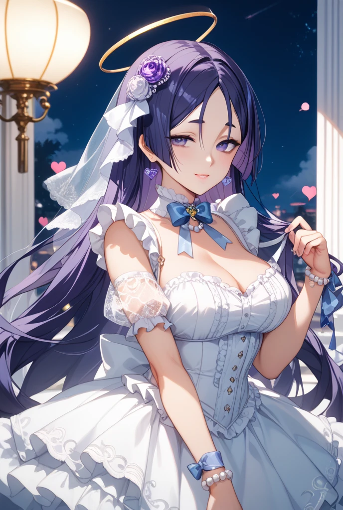 ((masterpiece)), (((best quality))), ((ultra-detailed)), ((illustration)), ((disheveled hair)), ((frills)), (1 girl), (solo),alternative costume,blue flower, blue rose, blush, bouquet, breasts, bridal veil, bug, butterfly, choker, cleavage, clothing, crown, dress, female, flower, frilled dress, frills, full body, gloves, headdress, headwear, insect, jewelry, large breasts, long hair, necklace, petals, rose, smile, tiara, veil, (Trailing wedding dress:1.4), white dress, white gloves,rating:safe,gray_hair,blue_eyes,