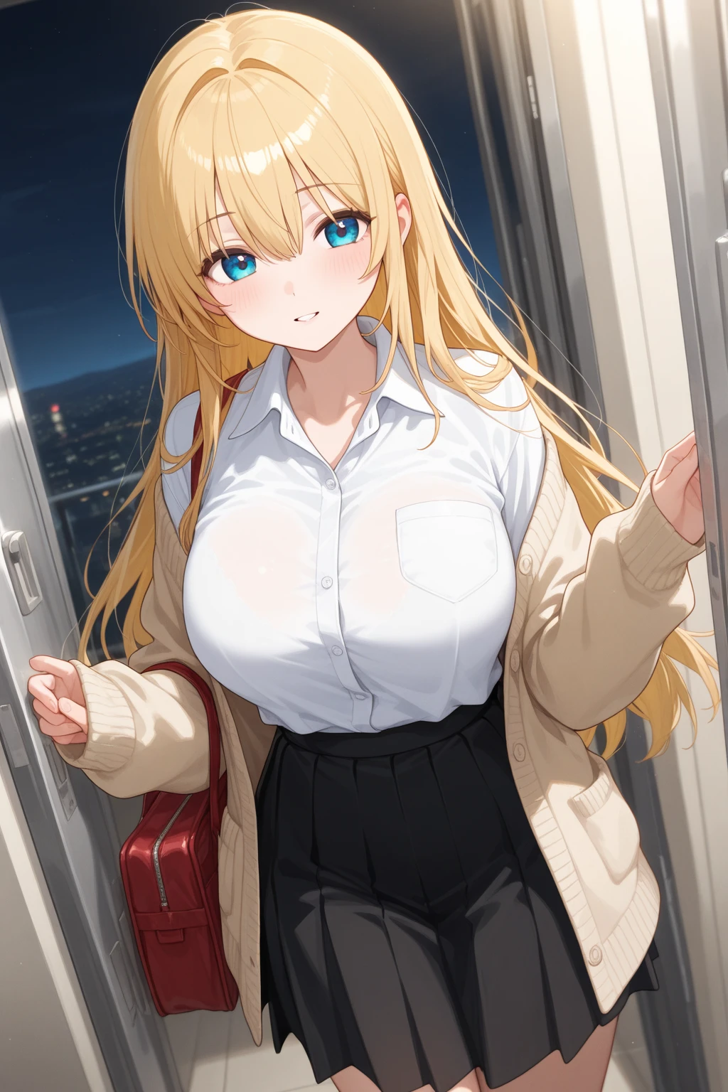 (Masterpiece, Top quality:1.5), full body, (1 beautiful girl, solo:1.2), (short height:1.2), (Cotton Slacks:1.3), Blonde hair:1.1, medium Hair, wavy Hair, asymmetry bangs, swept bangs, airy hair, large breasts:1.2, smile:1.3, blush, beautiful scene of station platform, magnificent panorama view, blurry background, open mouth, dynamic pose, dynamic angle