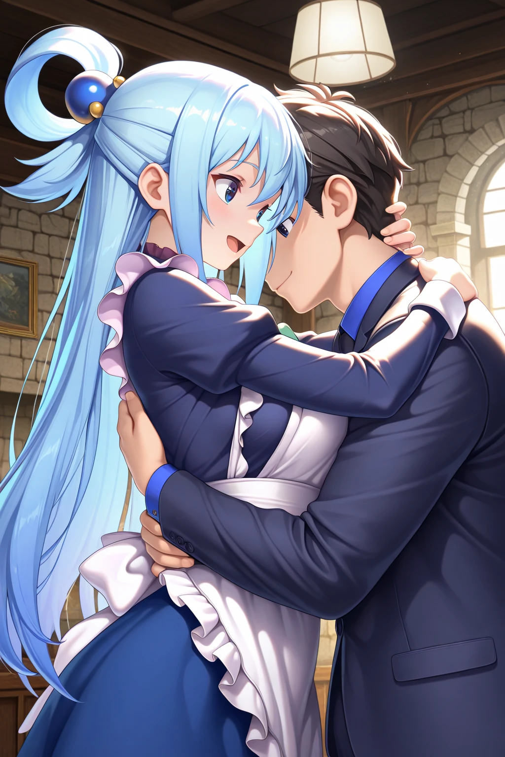 nsfw,((One man and one woman,Having sex)),on stomach,from behind,vaginal penis,アヘ顔,liselotte, blue hair, blue eyes,hair bow, capelet, corset, long skirt, bowtie,Open Mouth Smile,Simple Background