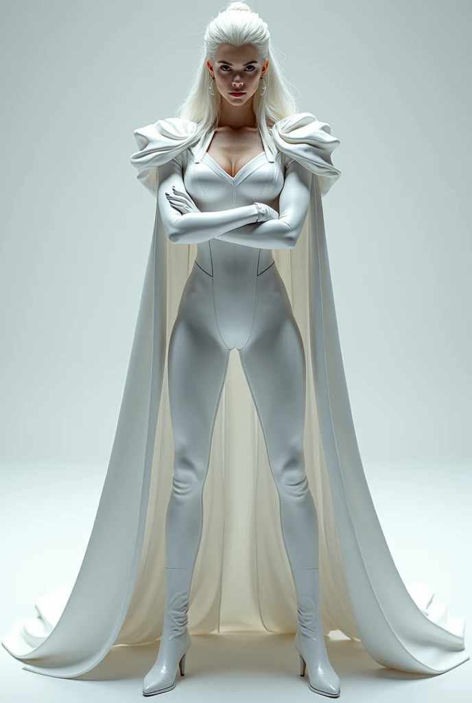 araffe in a white uniform posing in a room, tight outfit, hyperrealistic full figure, smooth white tight clothes suit, tight attire, 3 d white shiny thick, very sexy outfit, wearing tight suit, in white futuristic armor, intriguing outfit, glossy white armor, white silky outfit, tight full body suit, wearing atsuko kudo latex outfit,black hair