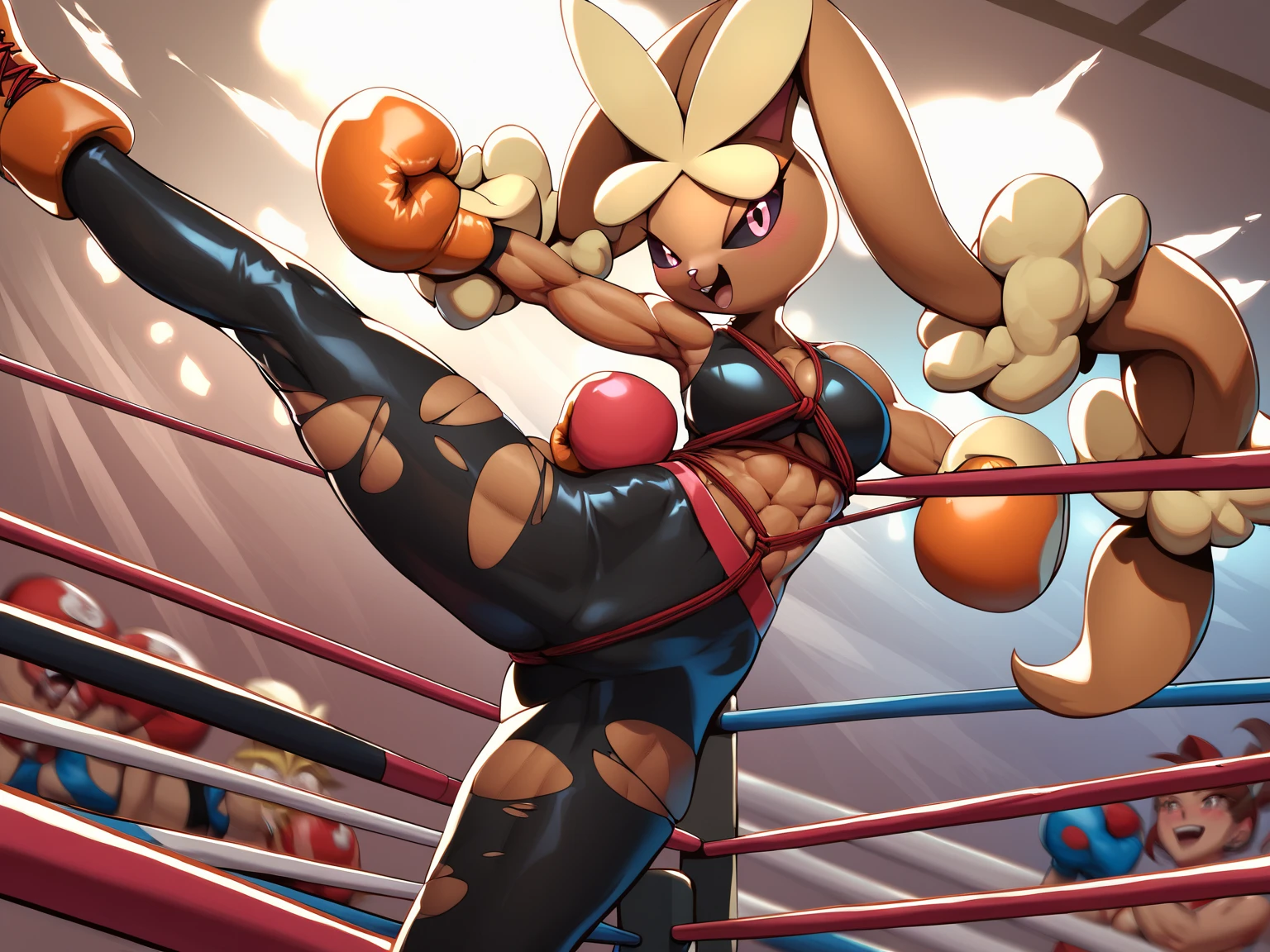 [pokemon; lopunny], [Uploaded to e621.net; (Foxovh), (Pixelsketcher), (mayosplash)], ((masterpiece)), ((solo portrait)), ((full body)), ((furry; antrho wolf girl)), ((detailed fur)), ((raytracing)), ((detailed shading)), ((beautiful render art)), {(anthro pokemon; lopunny, brown fur, long floppy bunny ears), (angry expression; puckered lips), curvaceous hips, (black sports bra; black yoga shorts, (athletic body; defined abs, defined leg muscles)}, ((fighting; muay tai stance), attractive pose), [background; (open room; punching bag)]