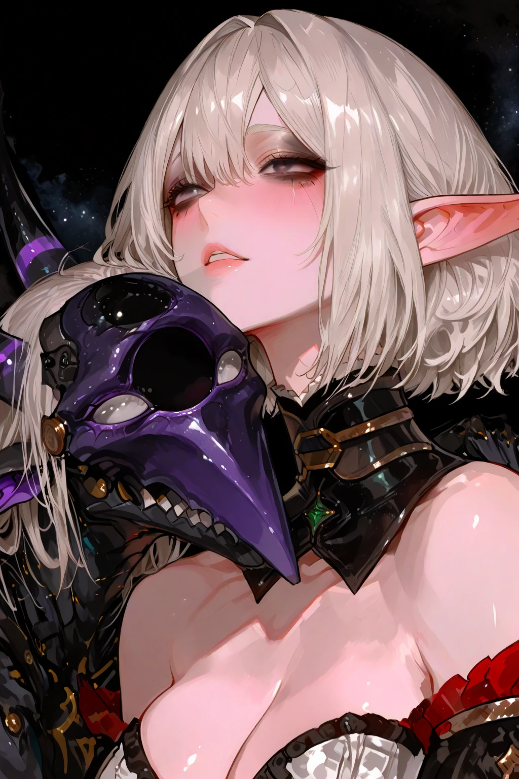 1girl, pov, 1boy, paizuri, penis between the breasts, breasts squeeze together, naughty, monster girl, cleavage, wet penis, pubic hair, fantasy, adventure, monster girl, horn, lewd monster girl, skull accessories, wet penis, dark forest, horror comedy, pubic hair, nipples gray skin, lvl 20 monster girl,