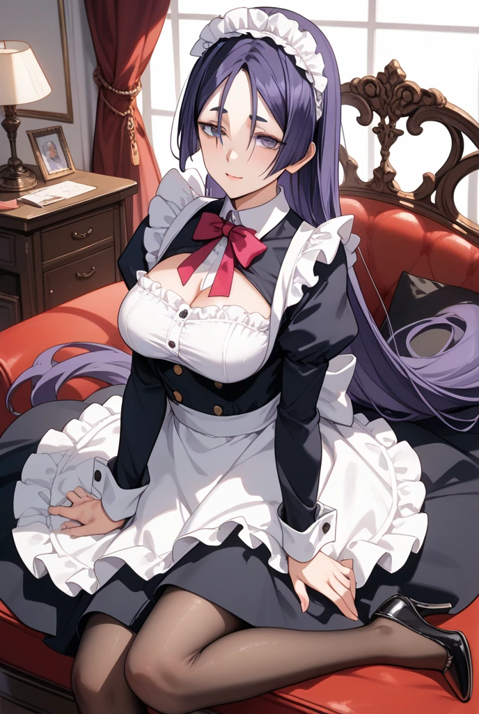 Raiden Shogun \(genshin impact\), love in eyes, bow hairpins, blushing, shyness, drooling, rolling eyes, white bow tie, maid outfit, long sleeves, miniskirt, exposed panties, hands raised above the head, lying on bed, big breasts, leg rings, white liquid, binding, single