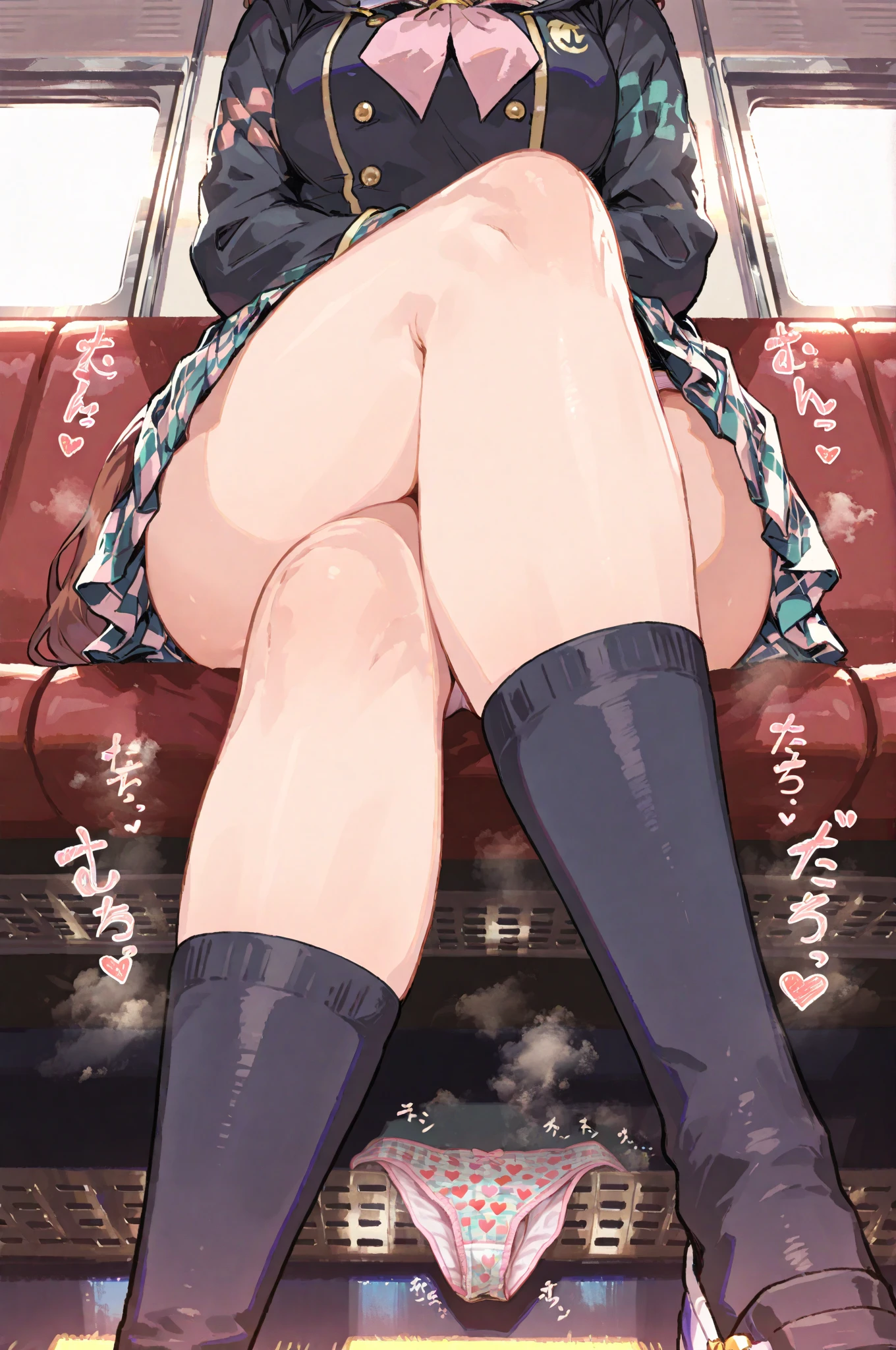 8k, RAW portrait of (japanese woman),masterpiece、Photoreal:1.3、realistic, ultra high resolution, highest quality, real life photos ,( When evening comes :1.1),(((show off panties:1.4)))、((visible panties:1.4))、((A girl sitting on a chair and looking at her smartphone on the Yamanote Line train))、
((((1 girl:1.5)))), (((High school girl lifts her skirt and shows off her panties on the train:1.4)))、(cute face:1.3)、Japanese 1 girl,((Japan High School Girl))、((1 real high school girl))、((Japan High School Uniforms:1.6))、  black hair,(Depth of written boundary:1.3)、 ((dark brown eyes:1.2))、(real skin texture:1.3)、(An immersive atmosphere:0.8、clair obscur:1.2) 、(look viewer:1.3)、((Expressionless:1.3))、((red cheeks:1.1))、((wearing very small silk panties))、((Show off your panties:1.4))、((Woman rolling up her skirt))、((Emphasis on panties))、The cutest girls in the world、((spread your legs to the side:1.4)), futanari, futa