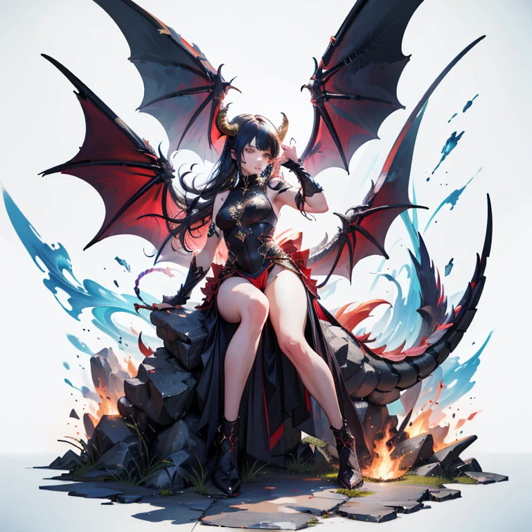 ((Goddess of death with dragon wings on her back, muy sexy)), Flying from a burning volcano and on the slope of the volcano spirits moaning mercy, fondo nubes rojas y estrellas rojas brillantes