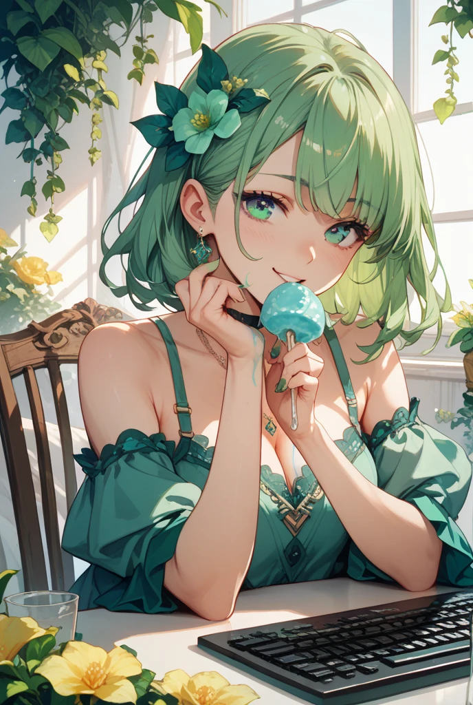 komeiji koishi , ahoge , blush , book , bookshelf , breasts , cleavage , cleavage cutout , clothing cutout , collarbone , cowtits , dress , fingernails , food , green eyes , green hair , green nails , holding , holding food , ice pop , indoors , large breasts , nail polish , off-shoulder shirt , off shoulder , open mouth , shirt , short hair , short sleeves , solo , suggestive fluid , third eye , tongue , tongue out , yellow dress