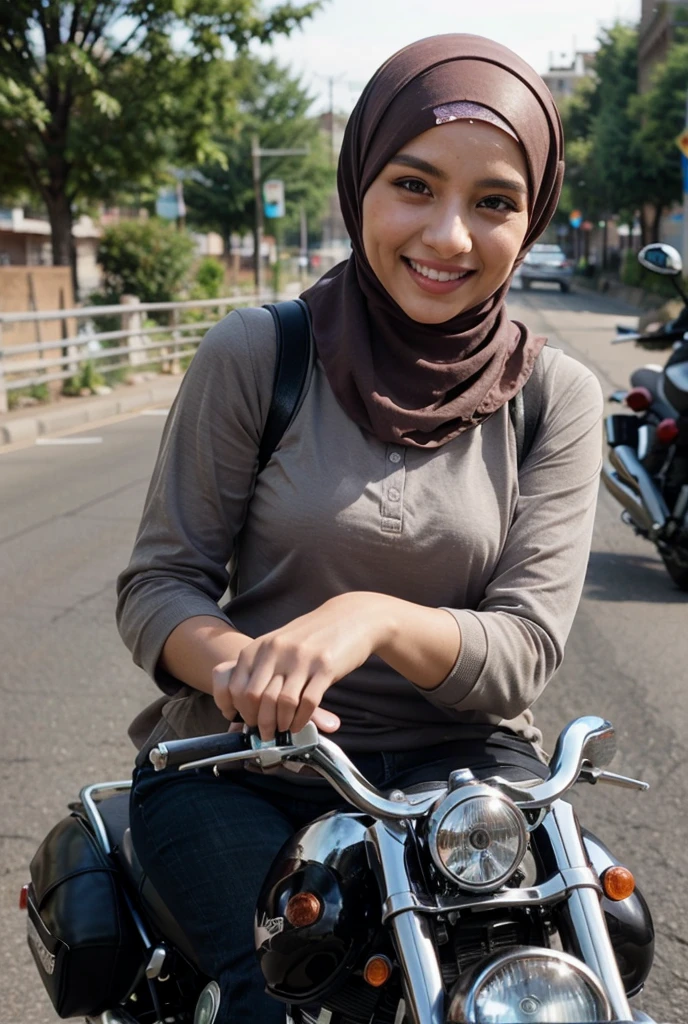 Photography of a beautiful 20 year old Indonesian woman wearing a hijab riding a shiny blue Harley Davidson motorbike 