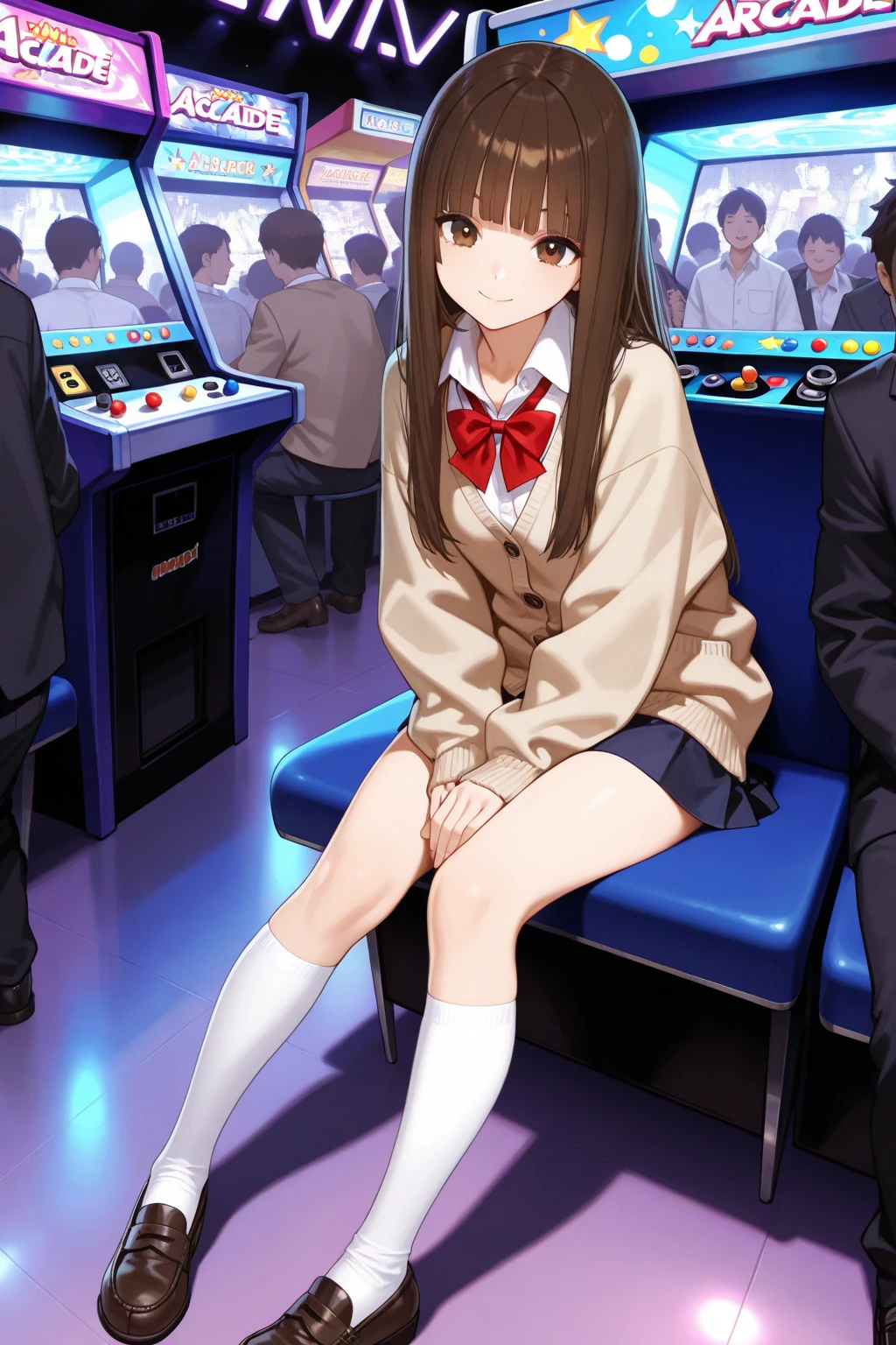 (masterpiece、highest quality、High resolution、Realistic photo、Real looking skin:1.1)、
(The woman is squatting with her knees and thighs together and her legs closed.:1.8)、
(To see the panties々is sitting directly in front of her and looking:1.8)、
(He is resting his chin on his hands and his elbows on his knees.:1.8)、
(A glimpse of panties:1.8)、
(She has a grinning smile:1.5)、
(She has a young appearance:1.5)、
(she is a high school girl、She is wearing a white collared shirt, a navy blue uniform blazer, and a grey uniform miniskirt.:1.5)、
(She is wearing white loose socks and loafers.:1.8)、
(The panties are black and patterned:1.5)、
(Brown hair in a medium ponytail:1.8)、
(The location was an aisle in a sparsely populated arcade.:1.5)、
1 Japanese Girl、solo、Full Body Esbian、Beautiful Eyes、Shining Eyes、Shining thighs、NSFW