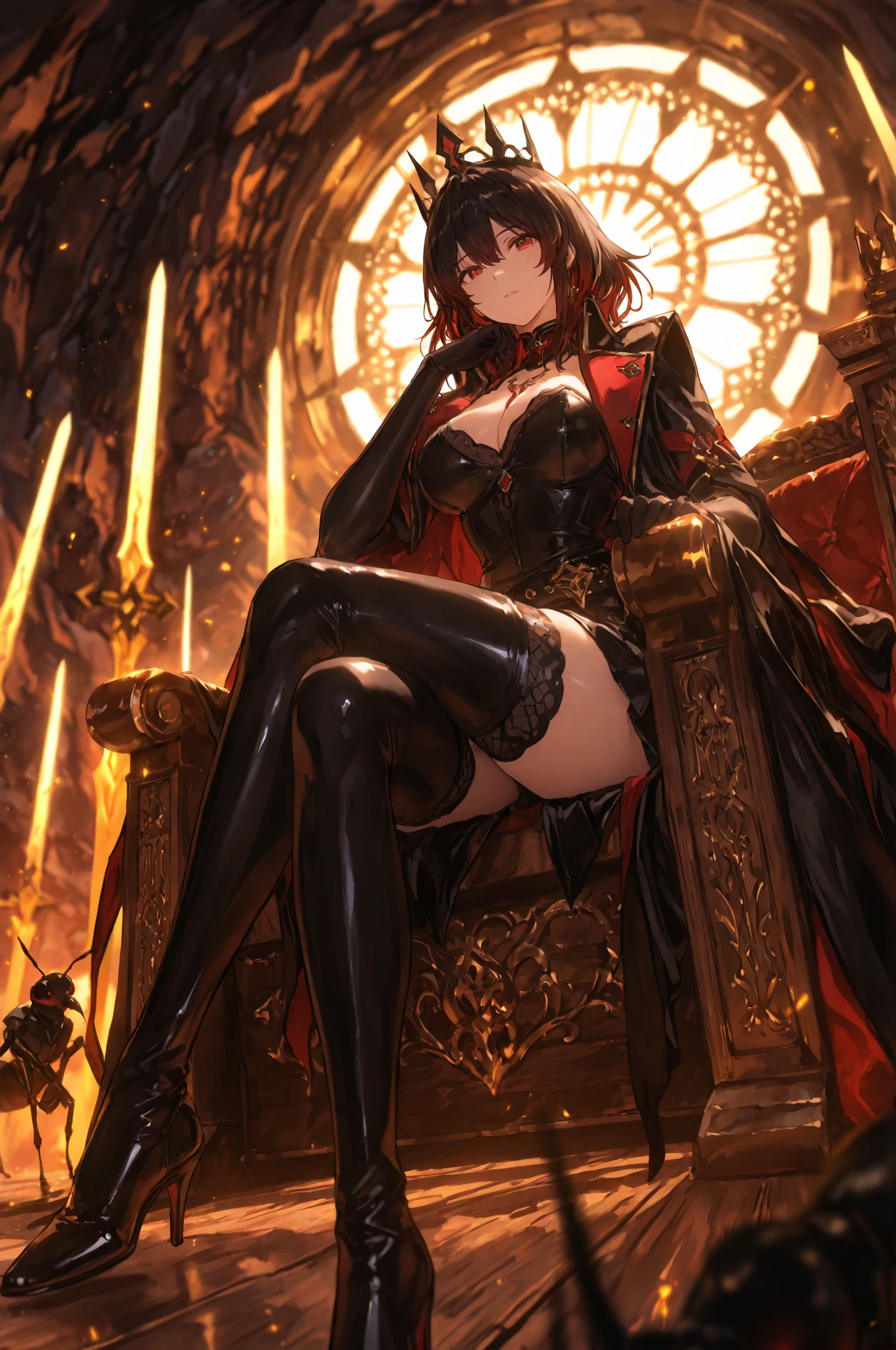 (best quality)), ((Masterpiece)), (details:1.4), 3d, HDR (high dynamic range), an image of a beautiful cyberpunk female, Fantasy, Cyberpunk, Red hair, Curtain Bangs, Sleek style, Hips up, Beautiful Red eyes, จมูกโด่ง, ปากแดง, หน้าอกใหญ่, nvidia RTX, PBR surface, After processing, Anisotropic filtration,depth of field, Maximum clarity and clarity, multi-layered surface, Subsurface scattering, perfect proportions, 8K raw files, ultra detailed, Perfect proportions, volumetric lighting, soft lighting, Holy Paldin, Heavy Golden Armor, Red dress, intricate Silver embroidery, glossy skin, Bed room, jewely, ต่างหู, นิ้วมือสมบูรณ์, mini red skirt,