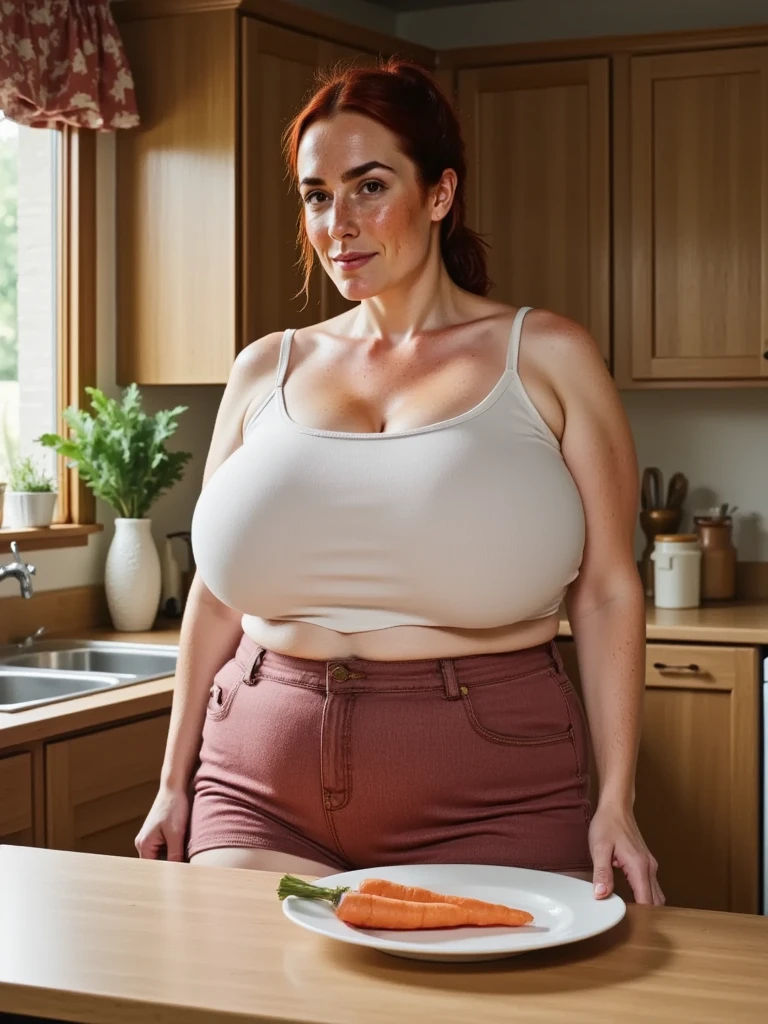 stock photo, beautiful woman, kitchen, casual, cozy, casual, dof, film grain, analog, big breasts, sweater
