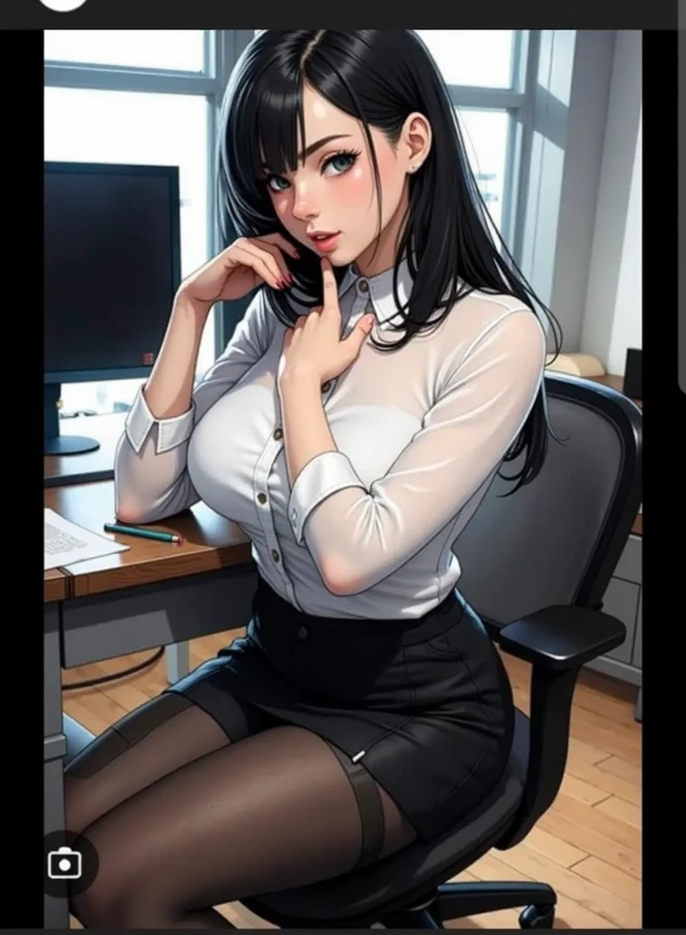 (masterpiece, best quality), a young black haired girl office secretary dressed in a transparent white blouse and black office skirt and black pantyhose ,sitting in an office chair, holding pencil, (detailed skin:1.3),(detailed eyes), (sharp focus), <lora:add_detail:1>