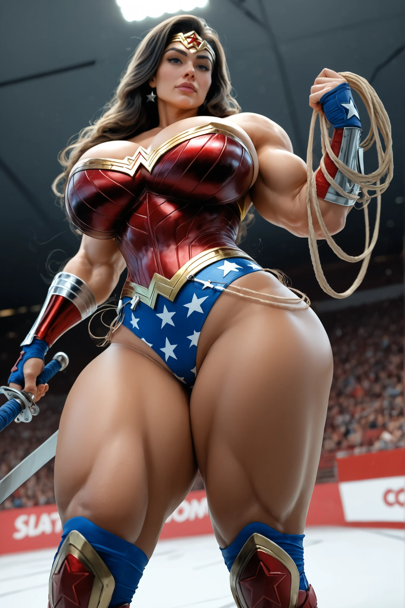 Nordic blonde woman bodybuilder with very large calves very beautiful resemblance to Katheryn Winnick dressed as Wonder Woman with very huge breasts showing her gigantic strength