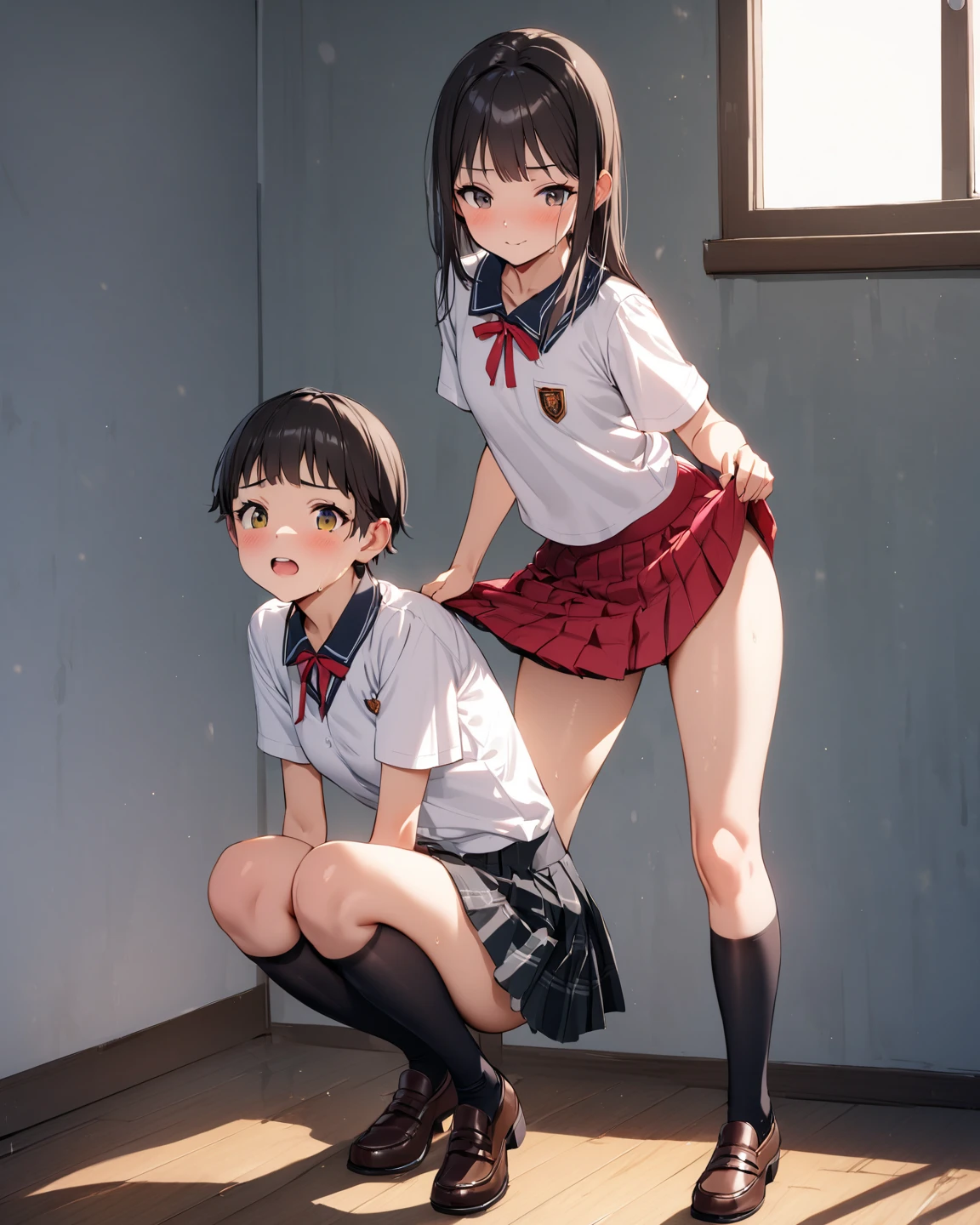 {{{((On the desk in his room (the girl's room), the man approaches the girl, inserts his very thick penis into the girl's anus, and then inserts his very thick penis into the girl's pussy.) )) ))}}, (sexual bullying, sex with men, NSFW, semen, love juices, urination, sweating, rape), blazer, sailor uniform, black skirt (miniskirt), hair (extremely long hair, braids, Black hair, pigtails), pulled, twisted hair), 1 female, 1 male, small breasts, 5 year old girl), round face, bare feet, child: 1.25), (baby face: 1.2)), short limbs, extremely erotic position, Crying face, drooling, urination, gaping anus: 1.1), puni, anal juice, a girl being attacked by multiple men, her clothes torn and her legs spread, a girl grabbing a man and pulling her hair. When the woman grabbed the girl's hair and pulled hard,