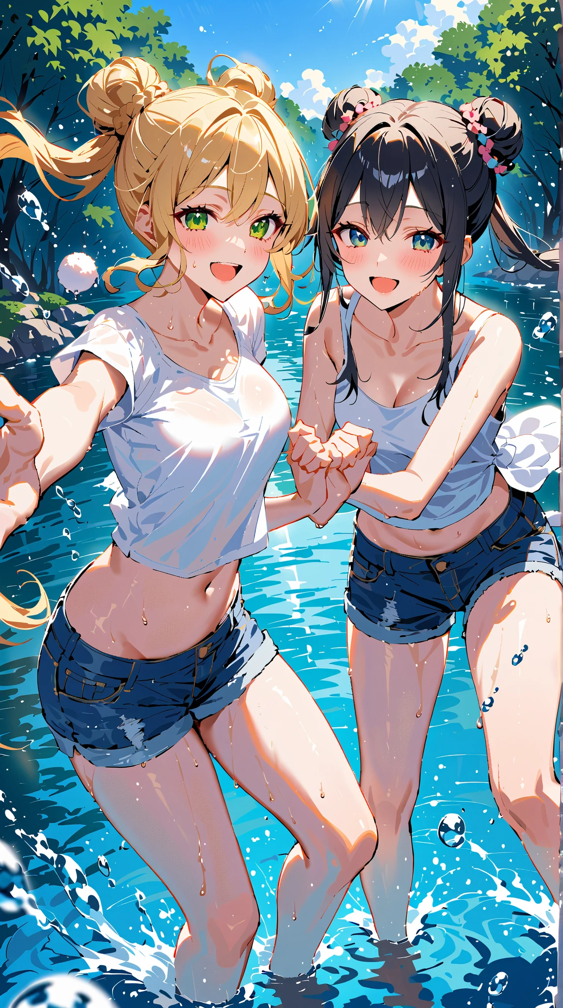 10 and 8 year old girls、blonde, Long Hair, blue eyes, Black Hair Ribbon, white shorts, spats, Happy, Hilarious, Day, outside, White shoes, flat, short, Playing on the jungle gym in the park、Wet with sweat