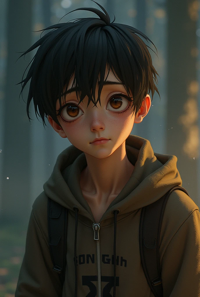 A boy, looking at a injured old man, in a jungle.