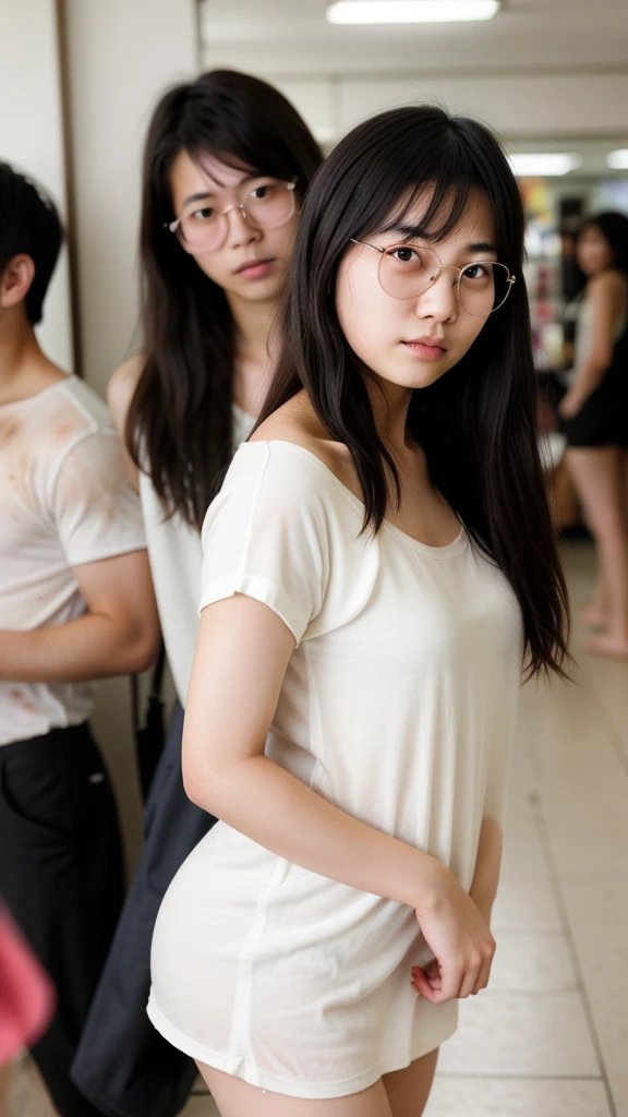 masterpiece、8K、32K、top-quality、(A detailed eye)、(A cute Japanese woman)、23years old、(2 girls in:1.4)、elegent、(Detailed background depiction),(pastel camisole:1.2), BREAK (miniskirt:1.3)、Japan alley、is standing、Sunlight、during daytime、(smile:1.2)、(cowboy shot),(braless:1.4),(slender body:1.5),(Black mideum wavy pixie hair over one eye:1.3),cleavage,Glasses